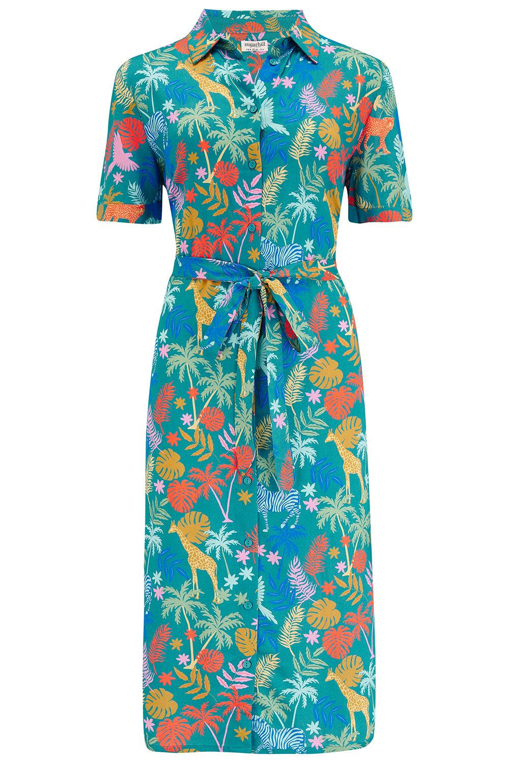 Sugarhill Brighton Women's Blue Justine Midi Shirt Dress Teal, Rainbow Jungle In Multi
