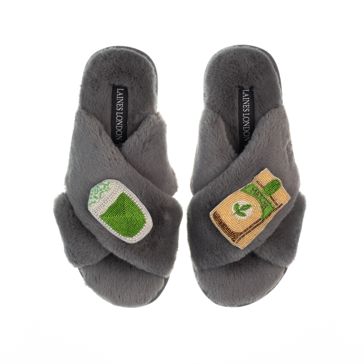 Women’s Classic Laines Slippers With Matcha Tea Brooches - Grey Medium Laines London