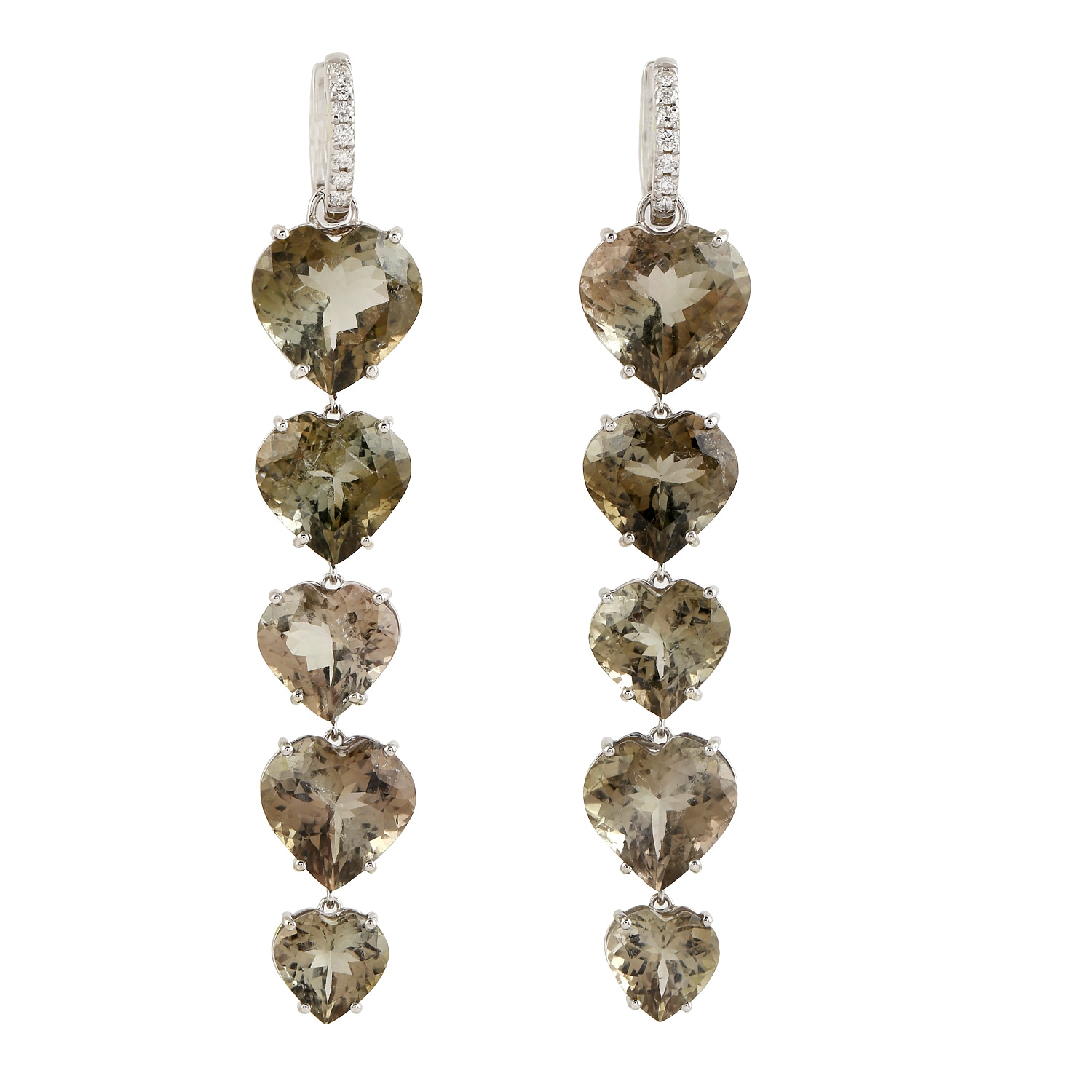 Women’s White / Brown 14K White Gold & Natural Diamond With Heart Shape Tourmaline Dangle Earrings Artisan