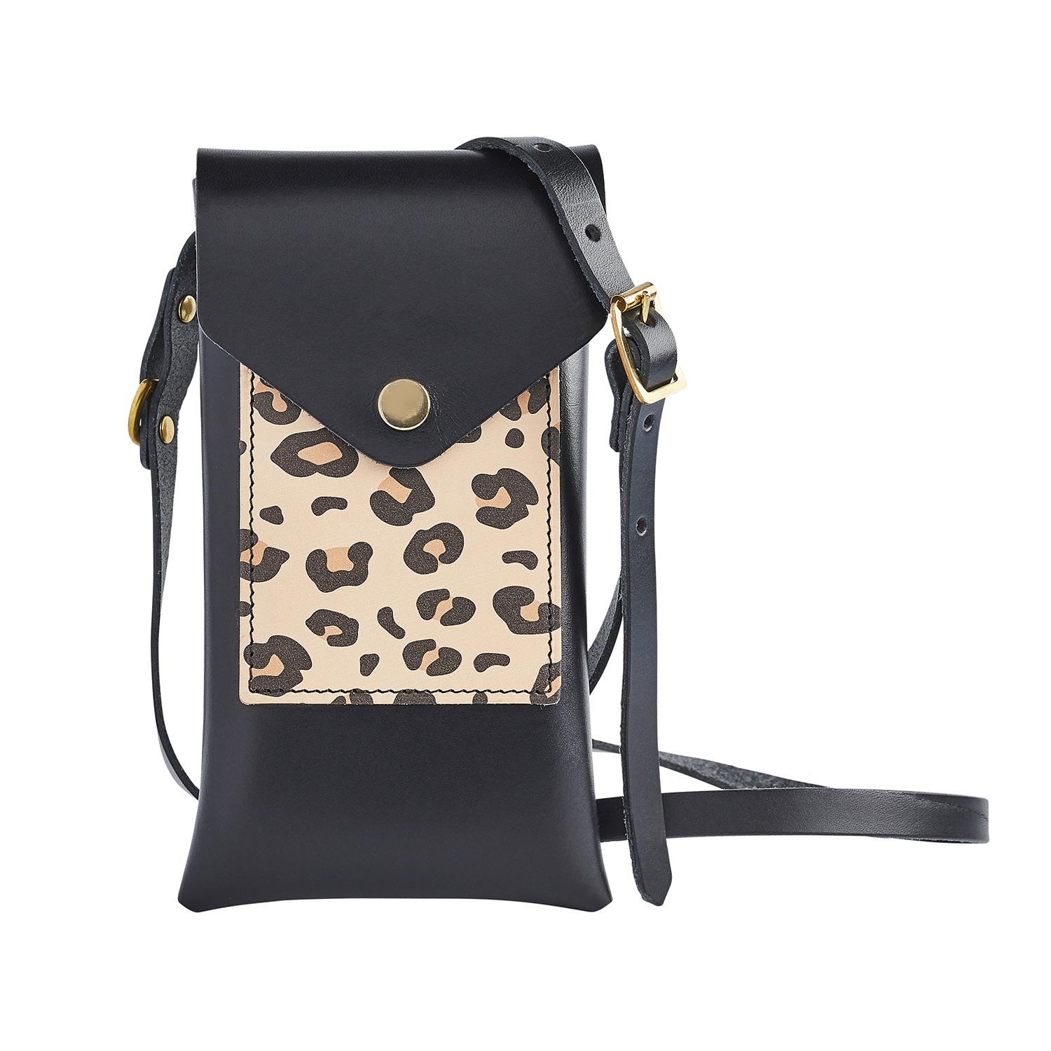 Neutrals / Black Black Leopard Print Leather Phone Pouch Sbri