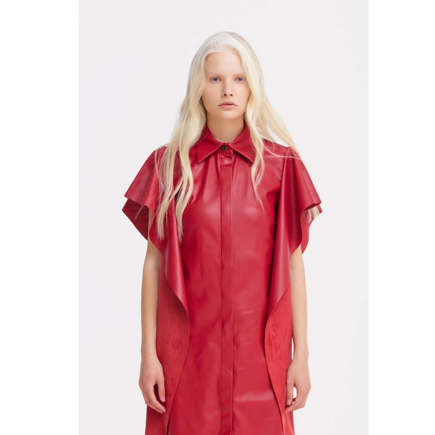 Draped Faux Leather Shirt Dress  Red | Julia Allert | Wolf & Badger