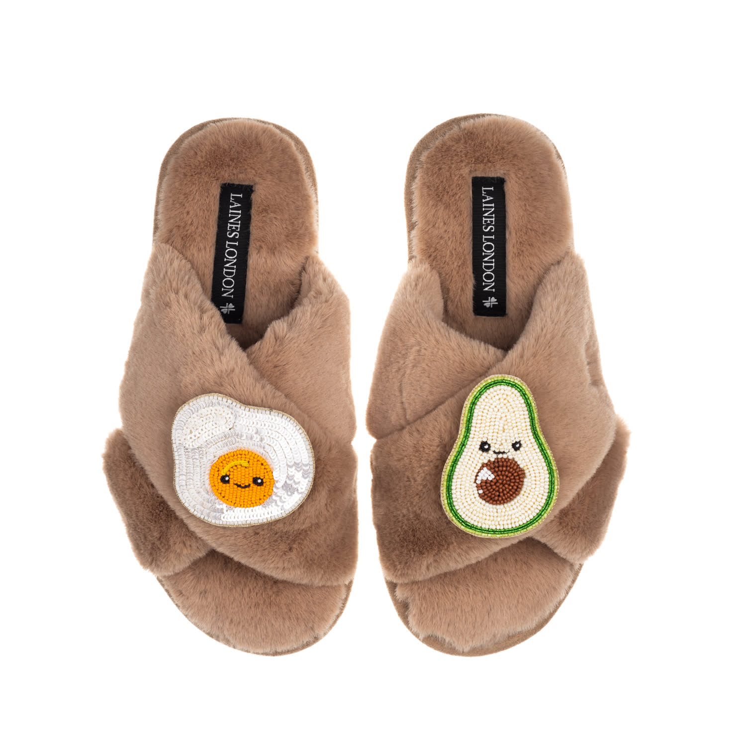 Laines London Women's Brown Classic Slippers With Laines Loveables Egg & Avocado Brooches - Toffee In Brown