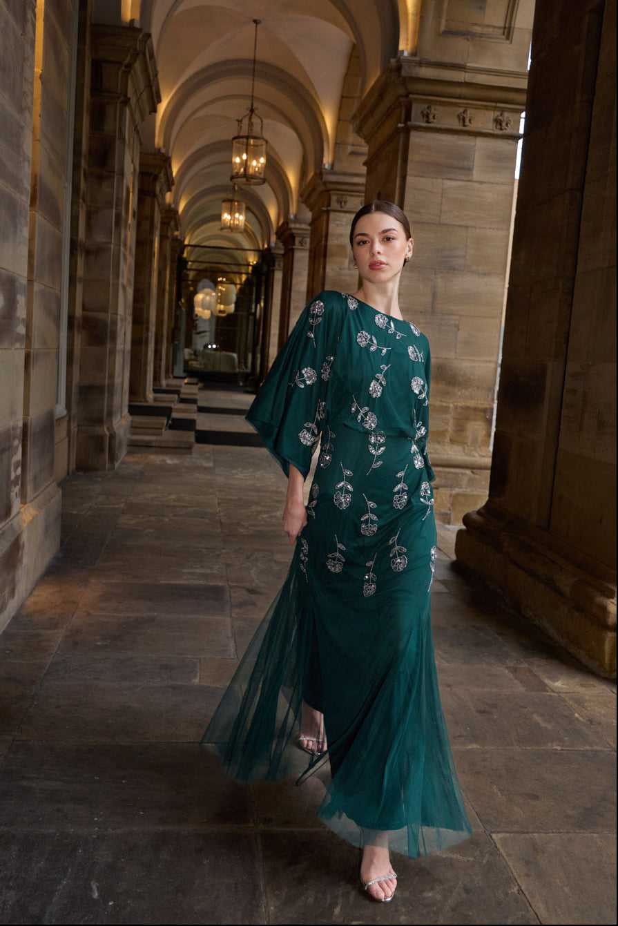 chinese dress ladies Maya Sage Green Short Sleeve Stripe Embellished Maxi Dress – Maya Deluxe main image 0