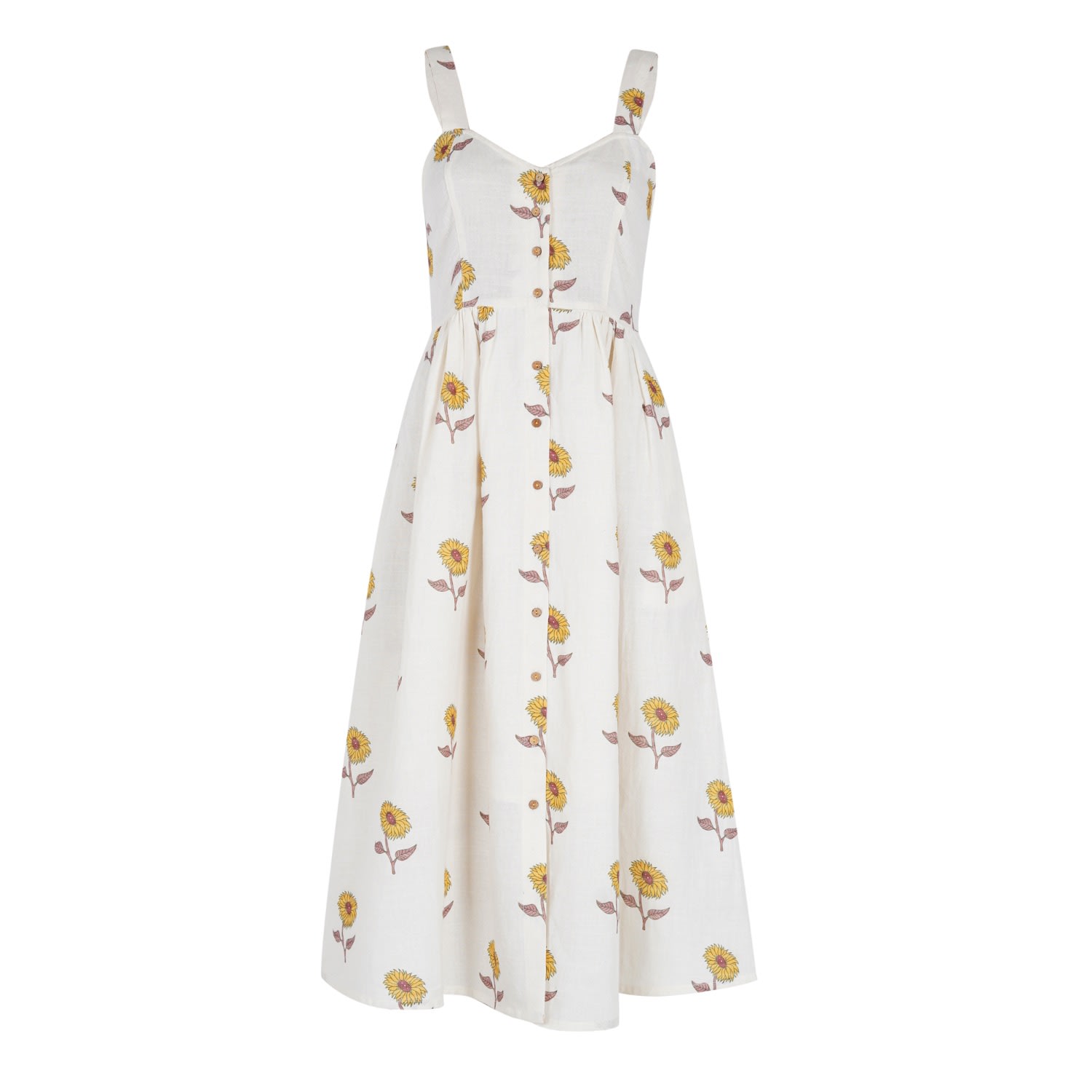 Women’s White Sunflower Hand Block Strap Dress Small Em & Shi