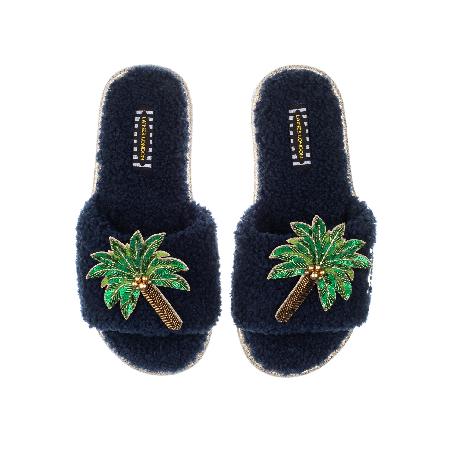 Laines London Women's Blue Teddy Towelling Slipper Sliders With Double Palm Tree Brooches - Navy In Blue