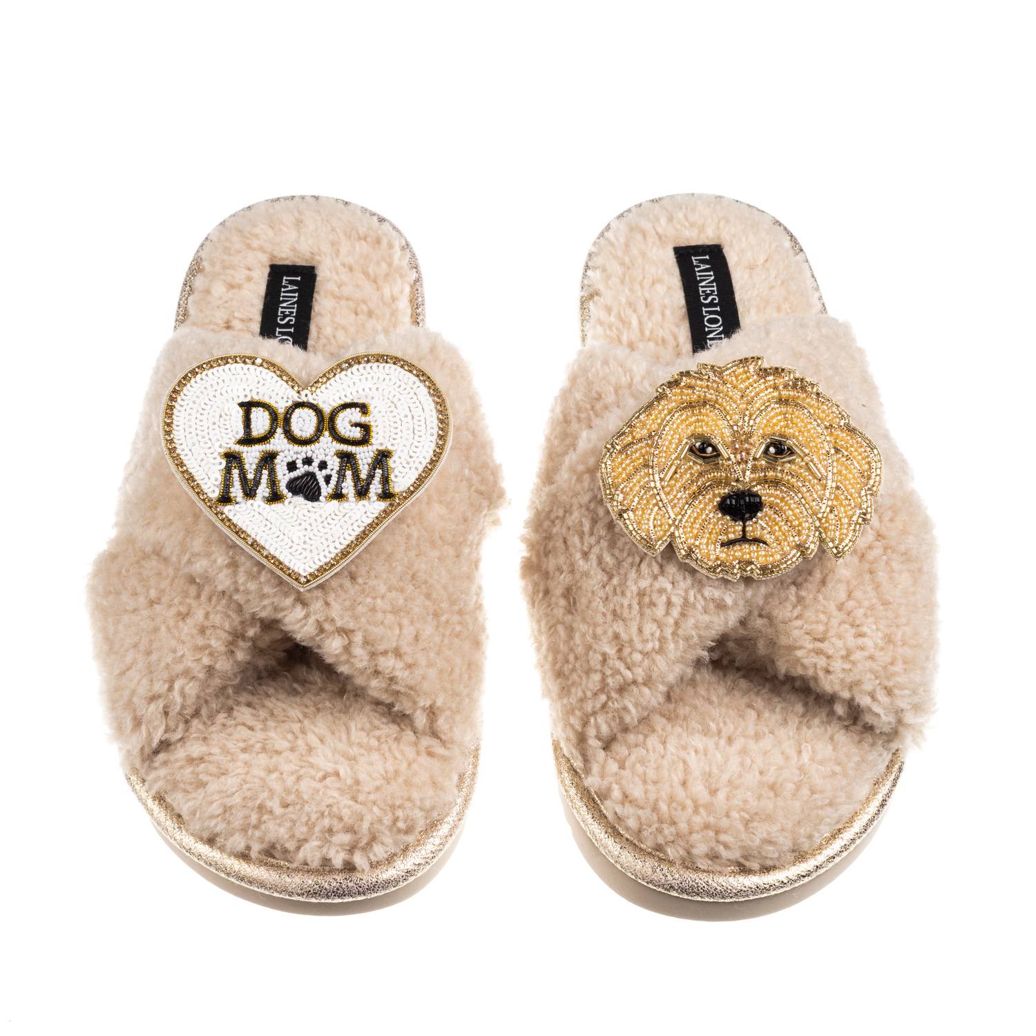 Laines London Women's Brown / Neutrals Boucle Slippers With Dog Mum/mom & Golden Cockapoo Brooches - Oatmeal In Brown
