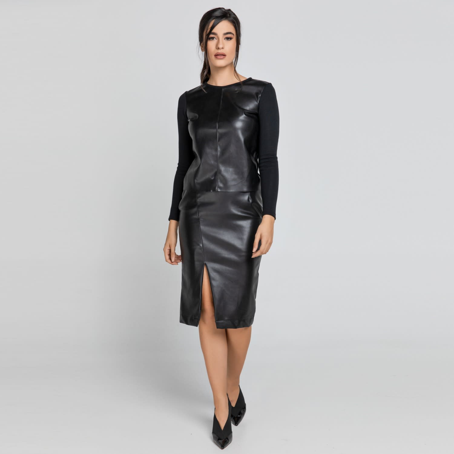 Black Faux Leather Pencil Skirt Front Slit | Conquista | Wolf & Badger