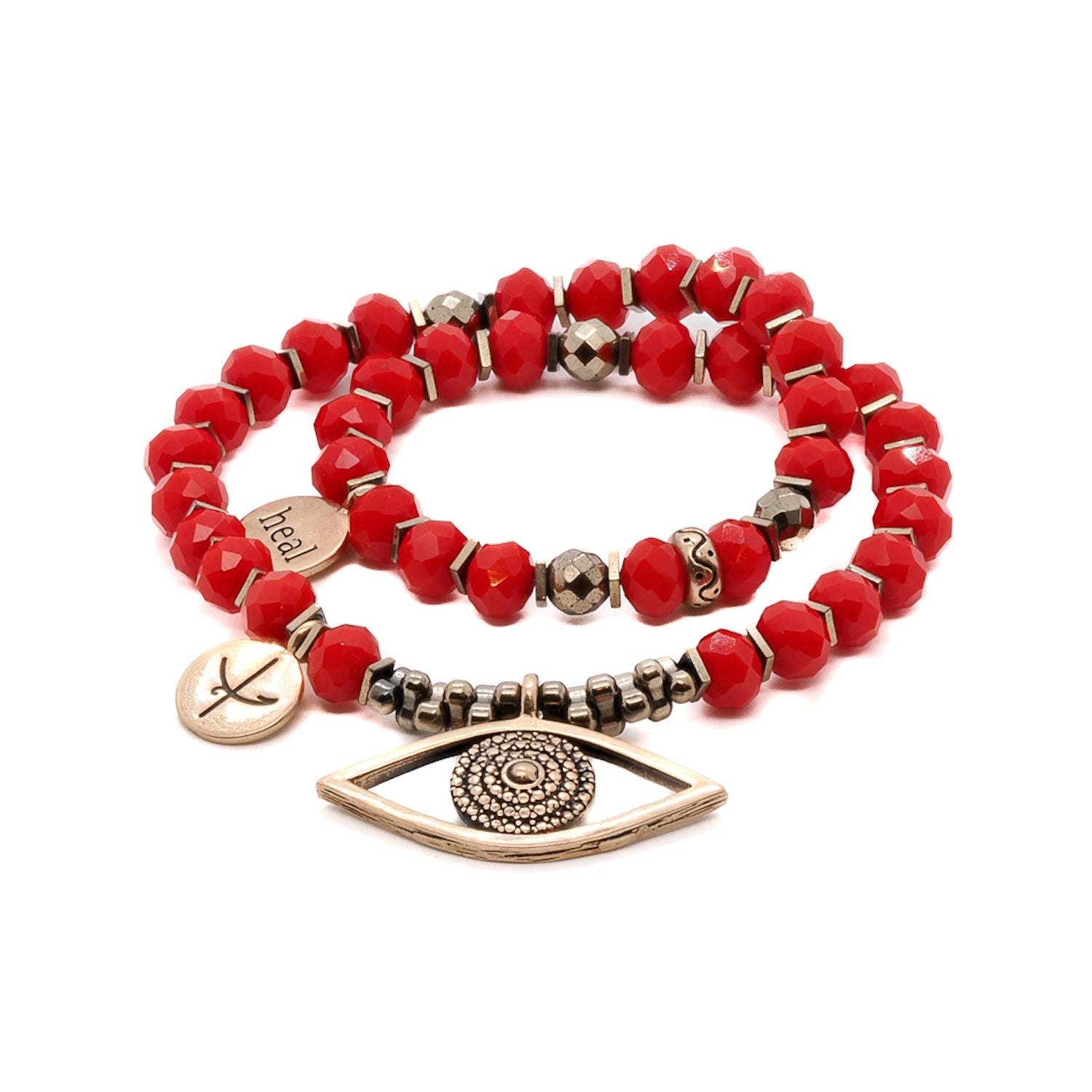 Women’s Gold / Red Christmas Evil Eye Red Double Beaded Bracelet - Gold Ebru Jewelry