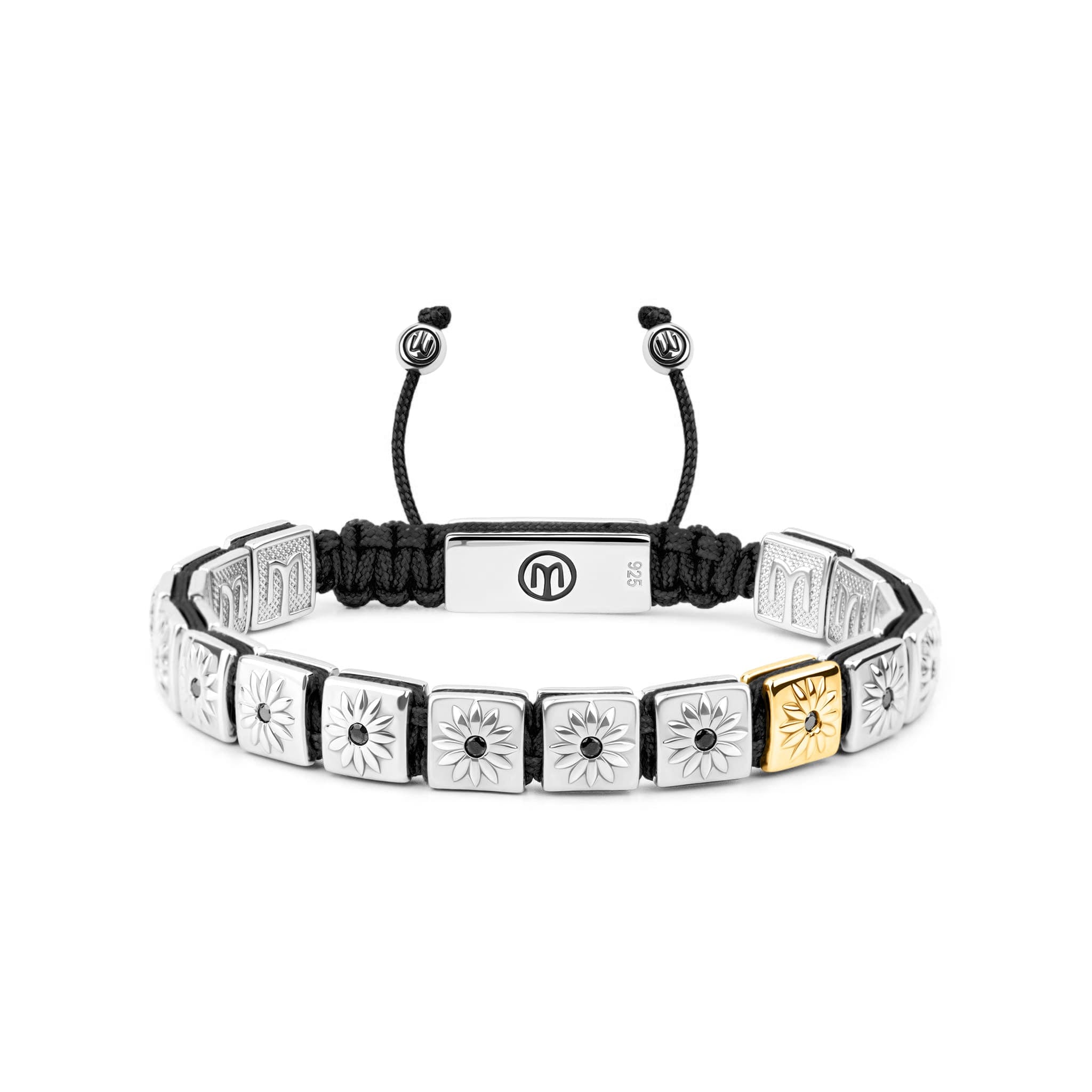 Mahigan Men's Black / Silver Silver Flatbead Bracelet With Black Moissanite & Black String - The Sun Worship
