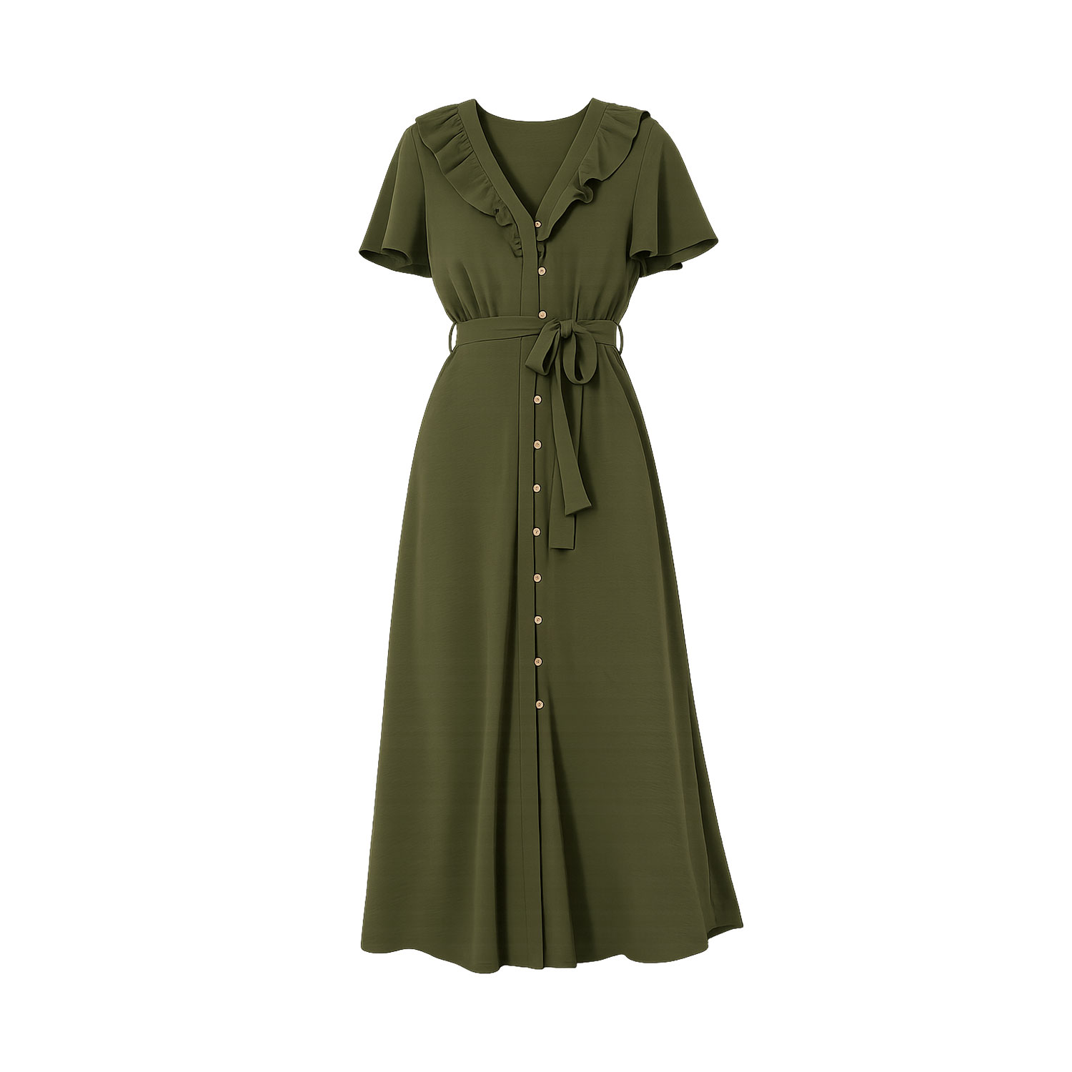 Women's Yumi Green Ruffle Collar Midi Shirt Dress | Xs