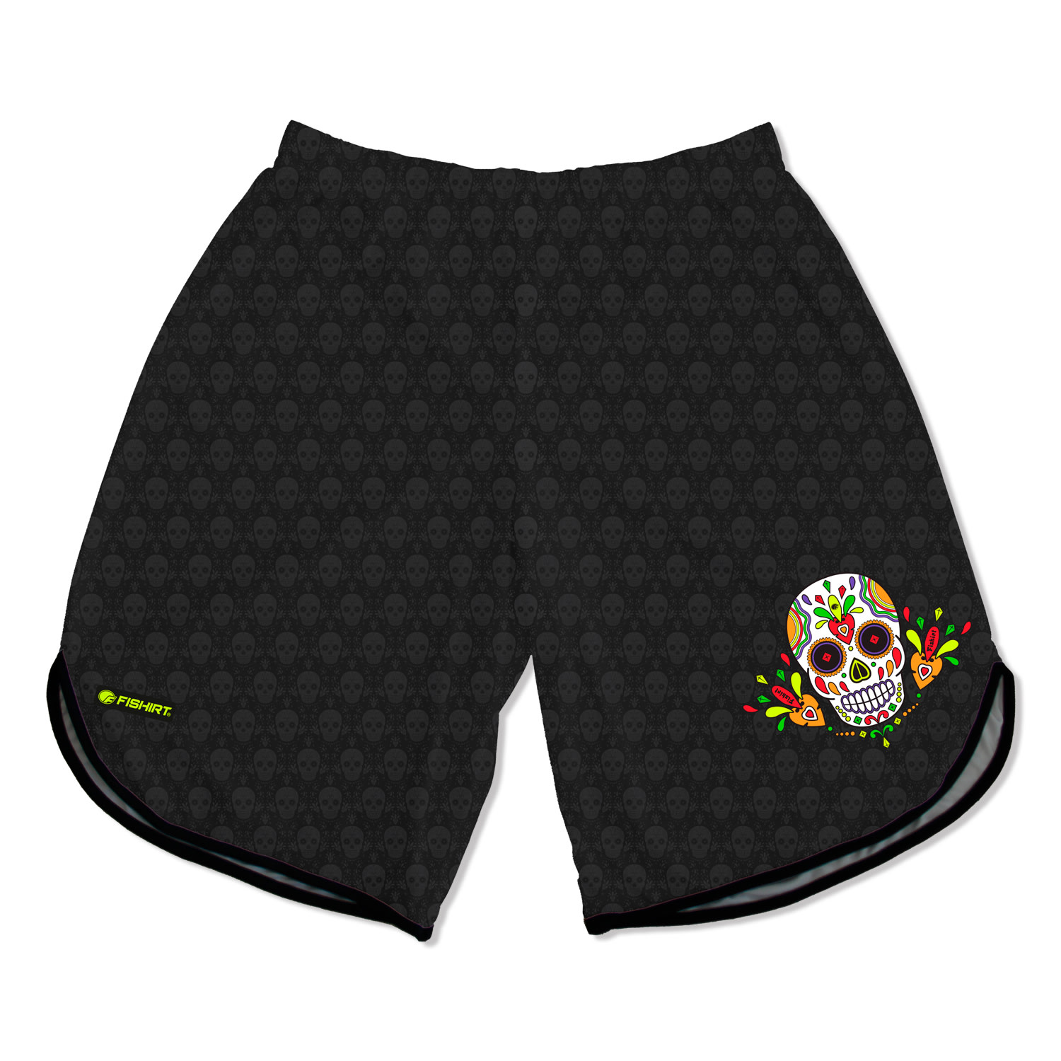 Fishirt Men's Swim Short Long - Mexican Skull Graphic Style Despamuertos - Black In Black