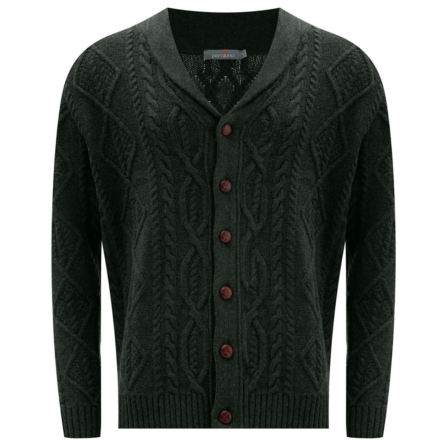 Shawl Collar Cashmere Blend Cable Knit Men’s Cardigan - Dark Green Small Peraluna