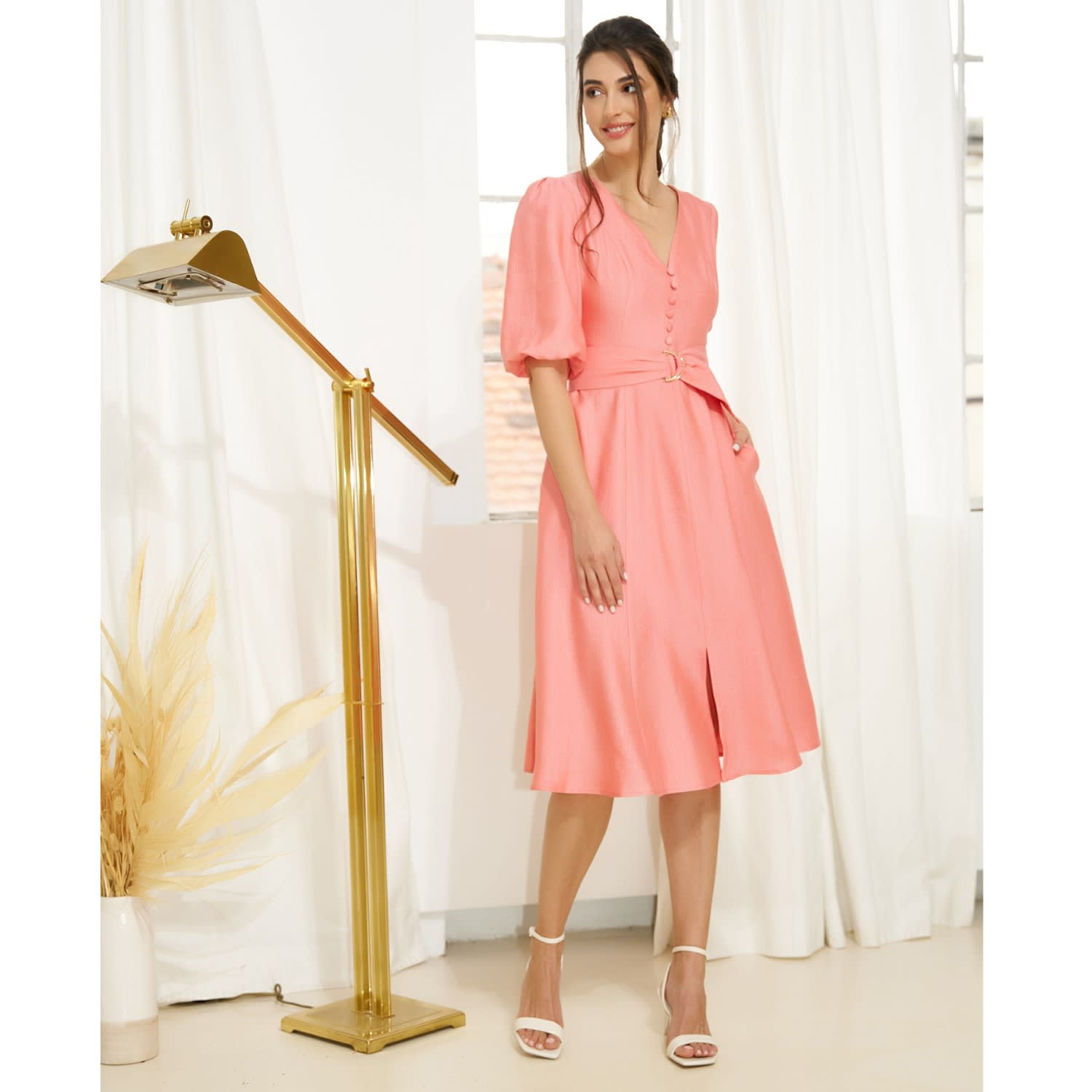 Marie-Louise Puff-Sleeve Silky Linen Midi Dress | Noria Anis
