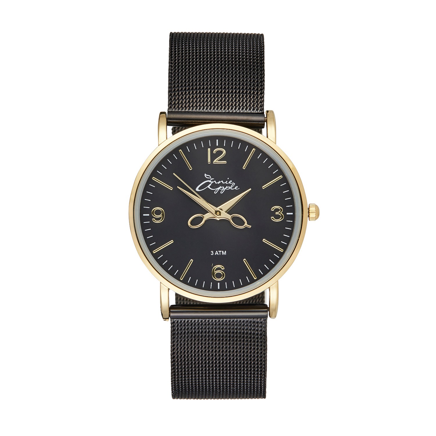 Bermuda Watch Company Women's Annie Apple Alore Gold/black Mesh Hairdresser Scissor Hands Watch In Black