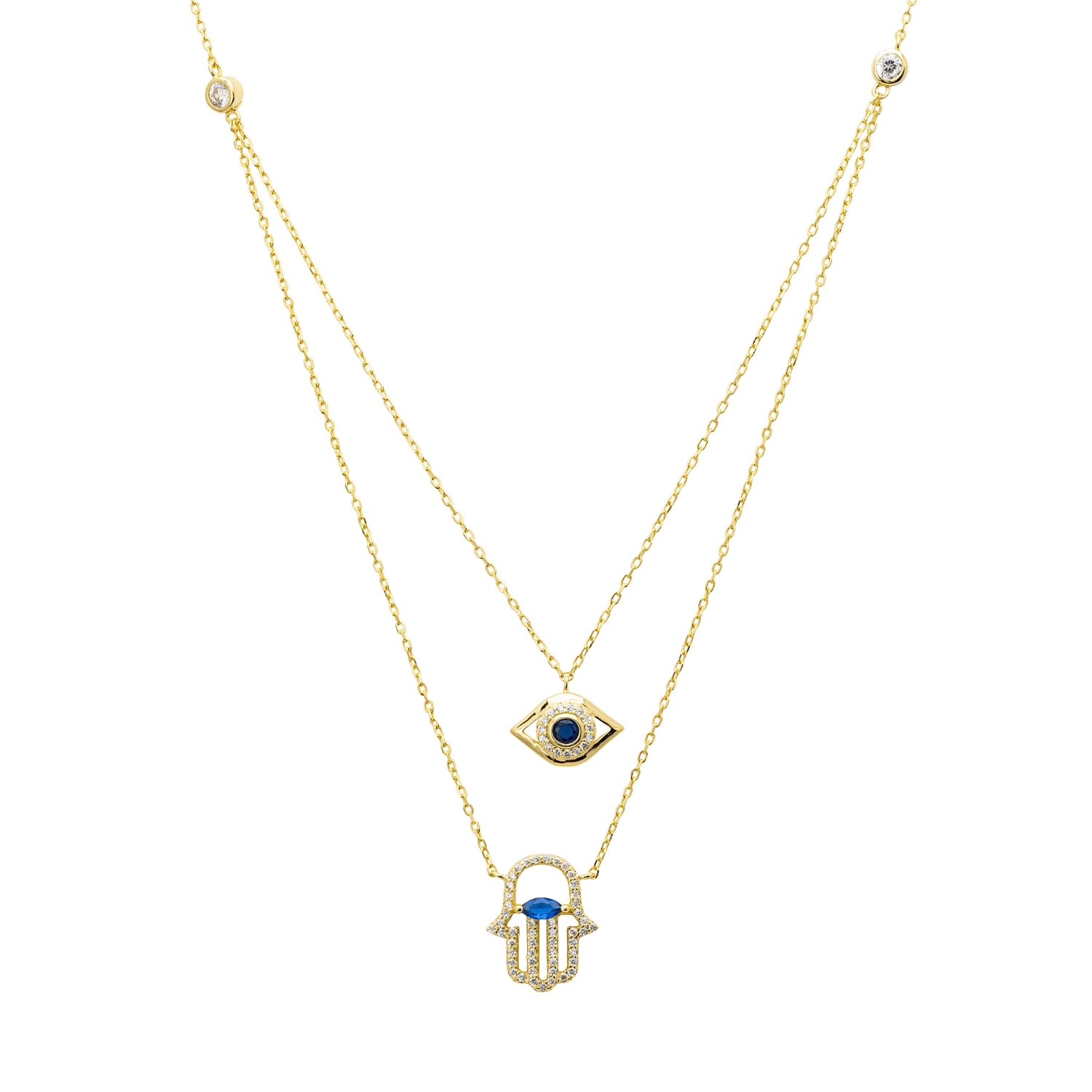 Women’s Blue / Gold / White Hamsa Hand And Evil Eye Layered Necklace Gold Latelita