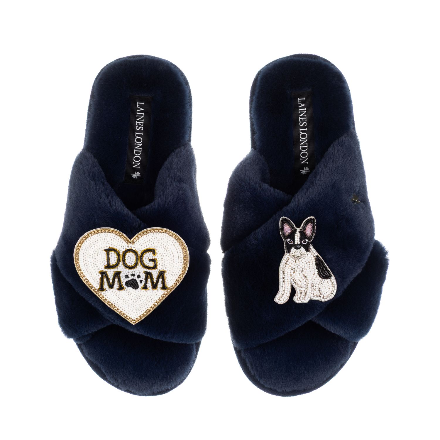 Laines London Women's Blue Classic Slippers With Dog Mum/mom & Black/white Sitting French Bulldog Brooches - Navy In Blue
