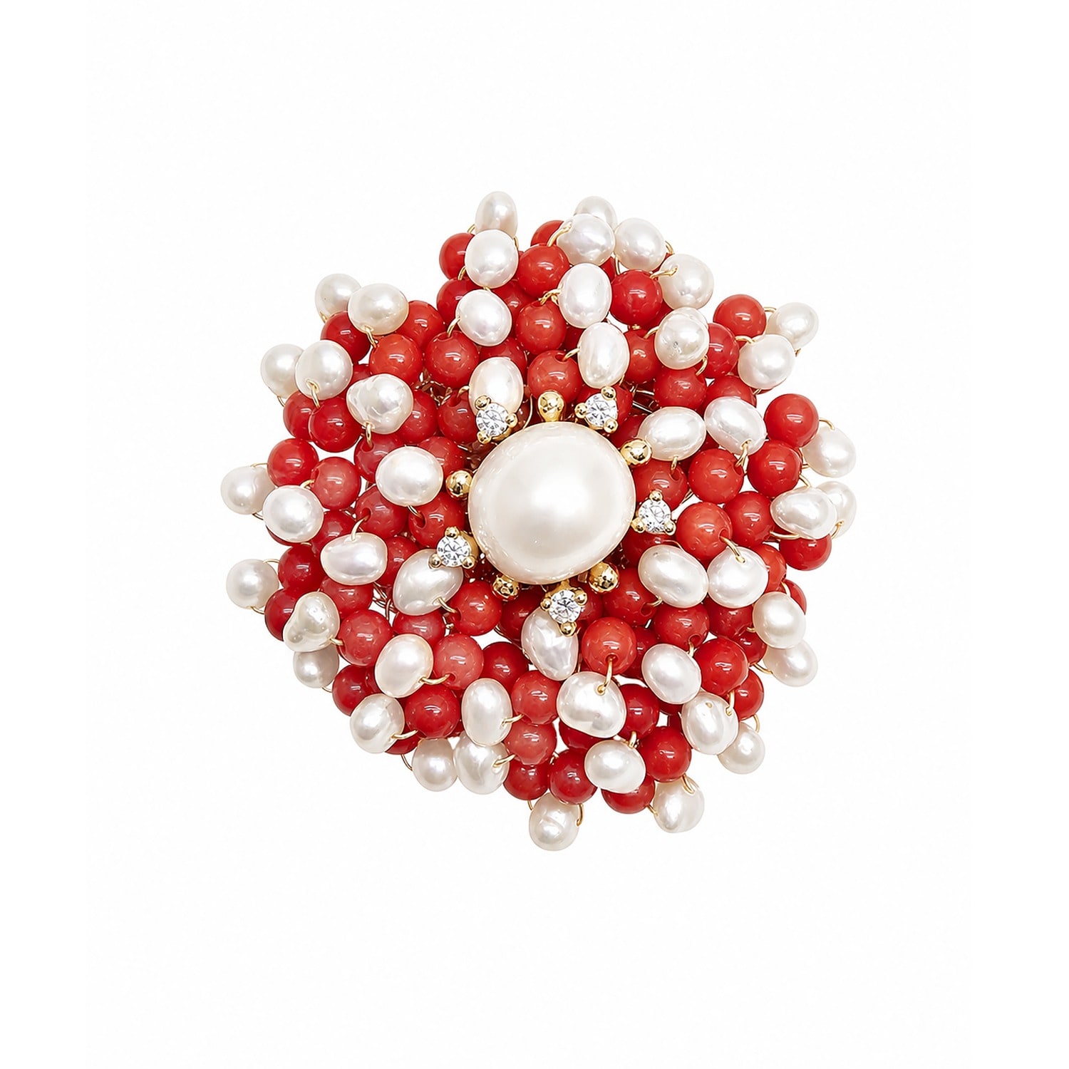 Women's Flower Handcrafted Red Bamboo Coral And Freshwater Pearl Brooch | Farra