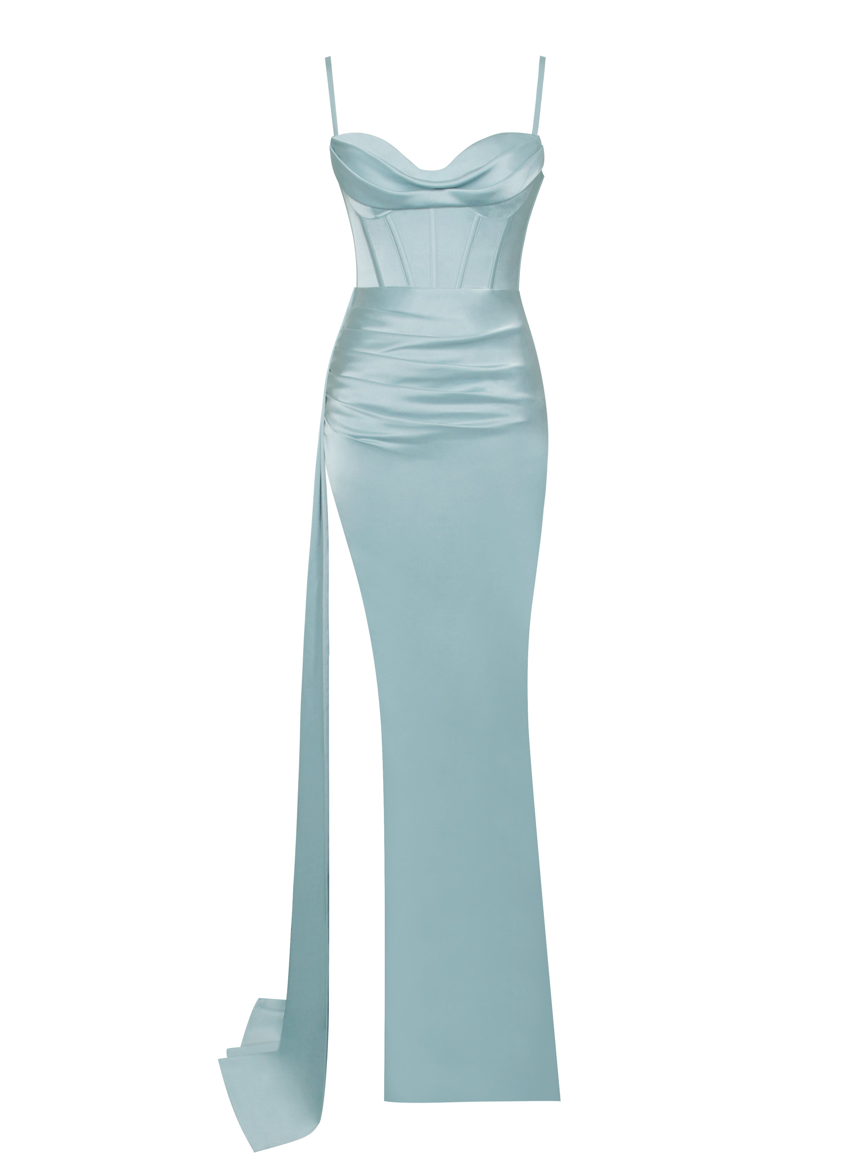 Miss Circle New York Women's Elayna Pale Blue Strappy Satin Corset High Slit Gown