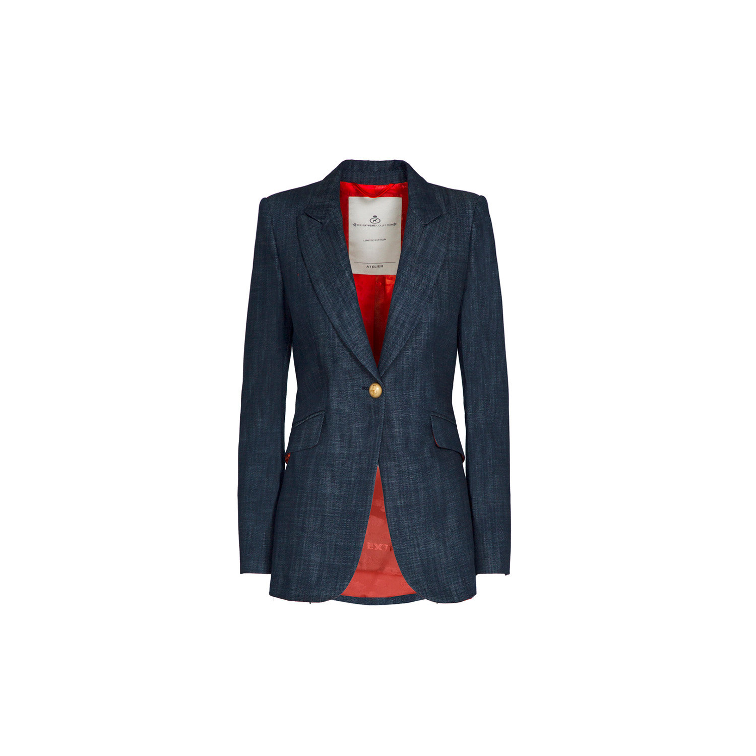 The Extreme Collection Women's Blue Tailored Dark Denim Jacket With Classic Lapels & Gold Button Details Milan