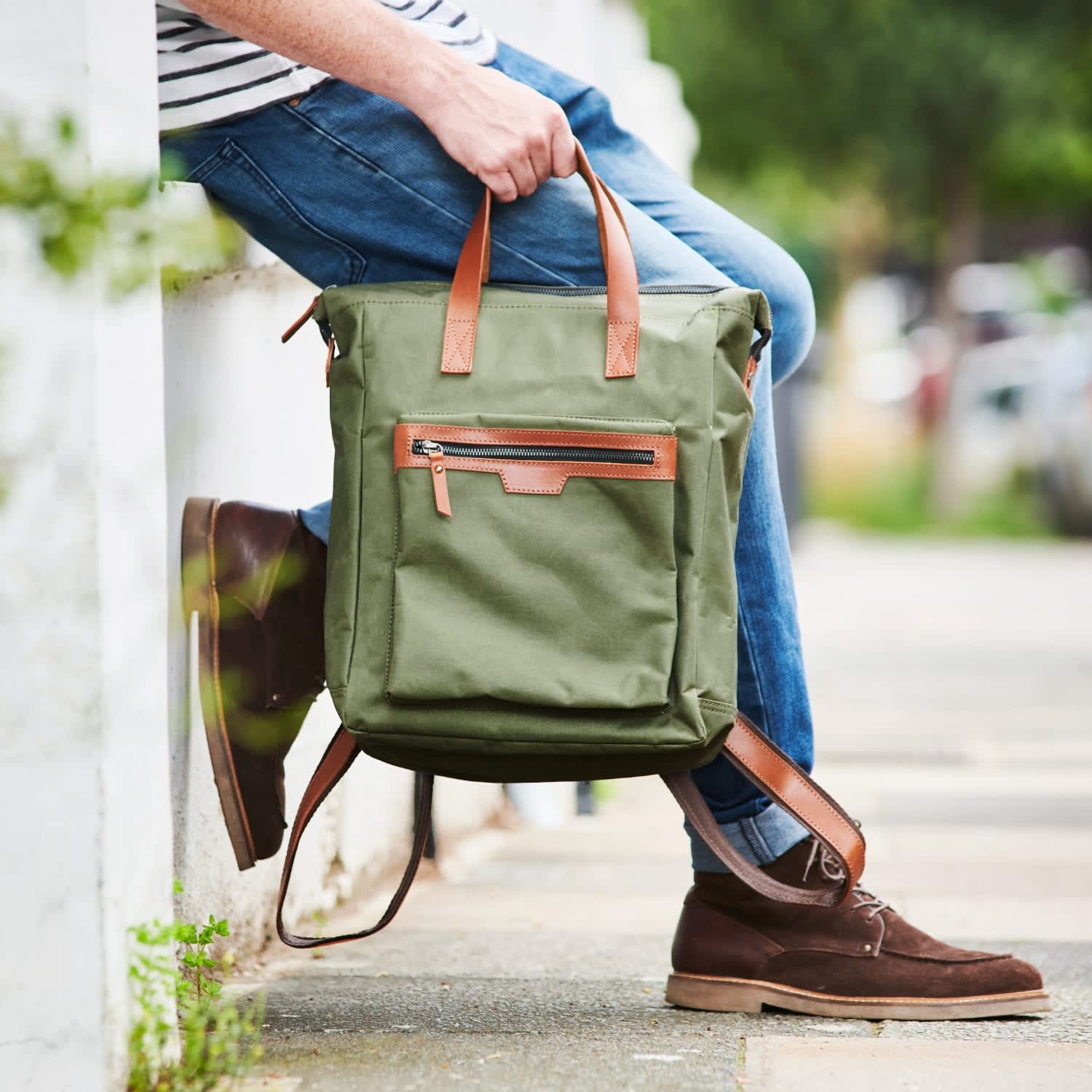 Leather Trim Top Zip Backpack - Green | VIDA VIDA | Wolf 