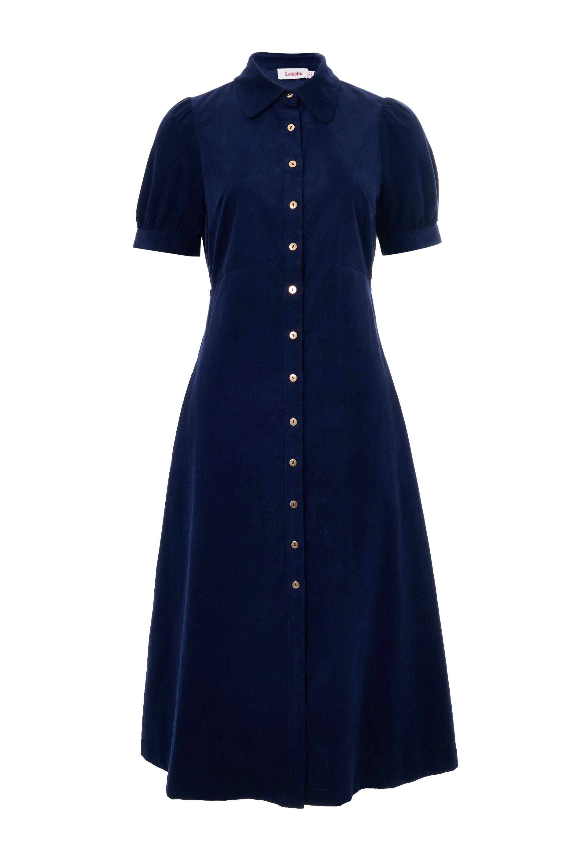 Louche Women's Blue Wanda Lightweight Baby Cord Puff Sleeve Midi Dress - Navy In Blue