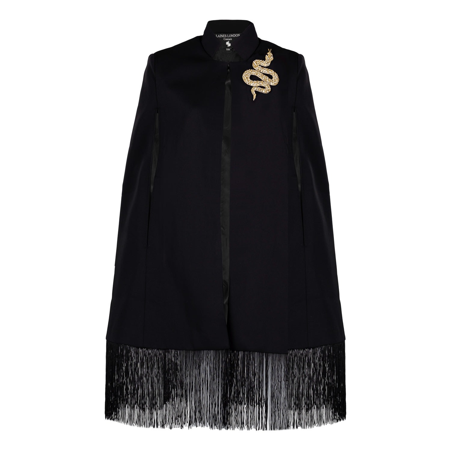 Women’s Laines Couture Fringed Tassel Cape With Embellished Snake - Black L/Xl Laines London