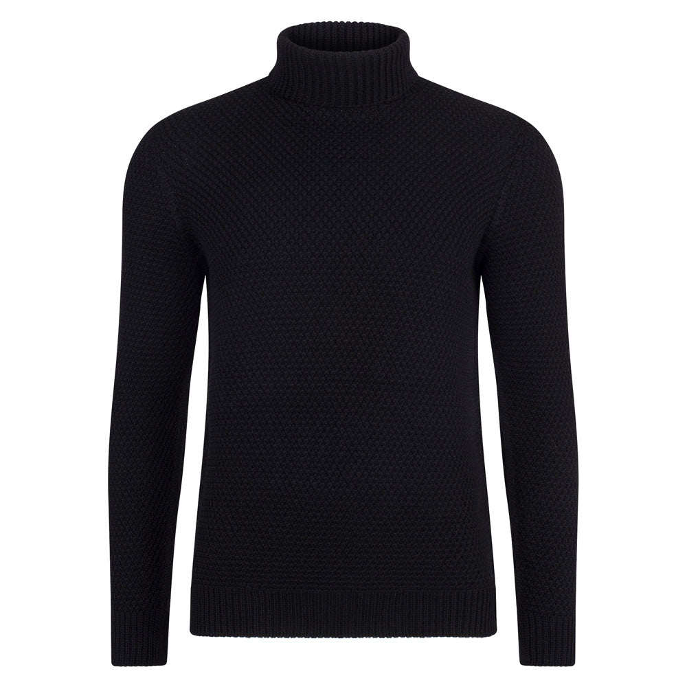 Mens Merino Wool Hartridge Fishermans Roll Neck Moss Stitch Jumper - Black XXL Paul James Knitwear