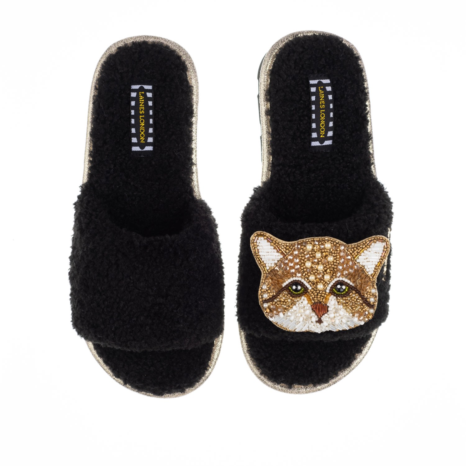 Women’s Teddy Towelling Slipper Sliders With Tom Cat Brooch - Black Small Laines London