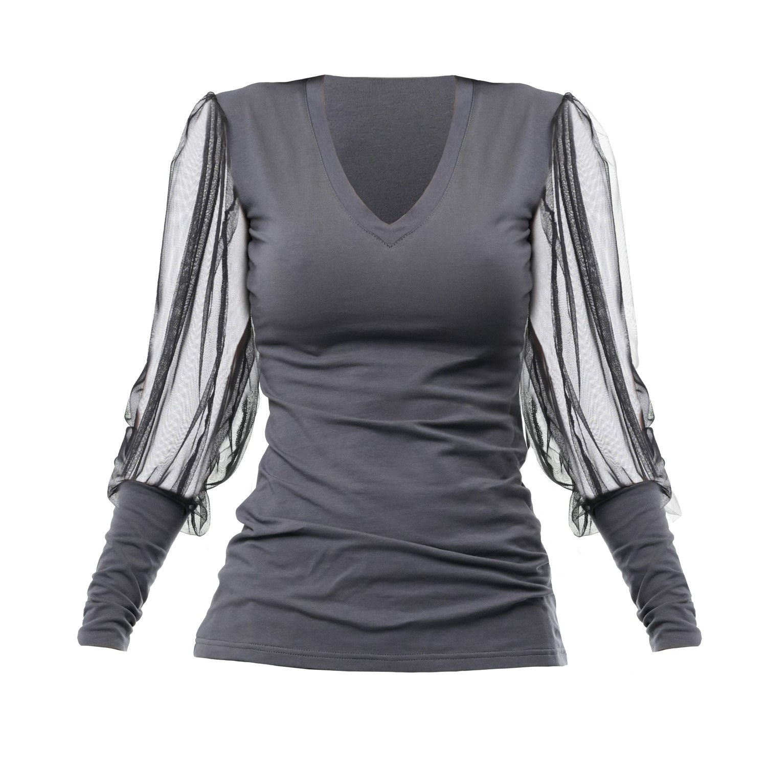 Women&rsquo;s V-Neck Casual Top With Tulle Sleeves In Grey | Small | Metamorphoza