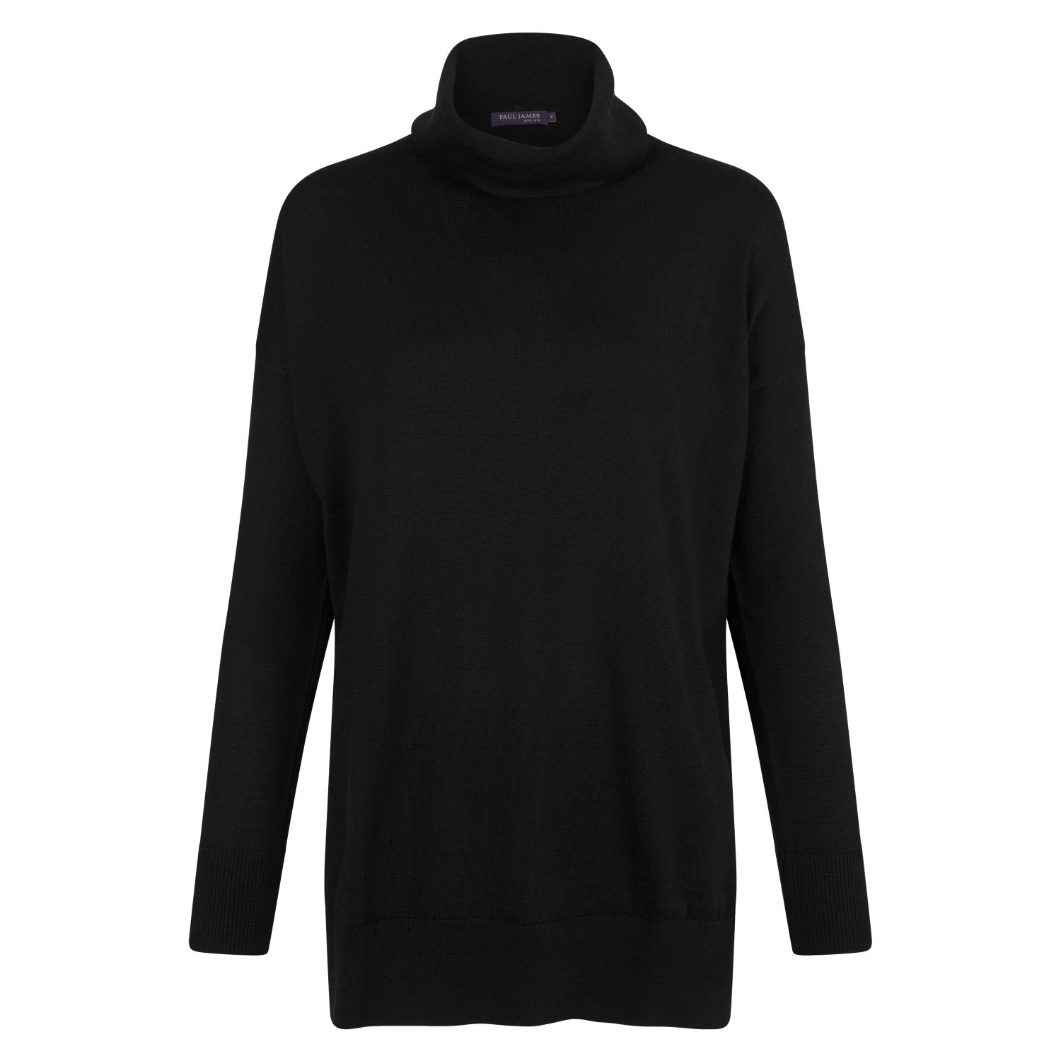 Womens Pure Extra Fine Merino Wool Oversized Henrietta Roll Neck Jumper - Black Medium Paul James Knitwear