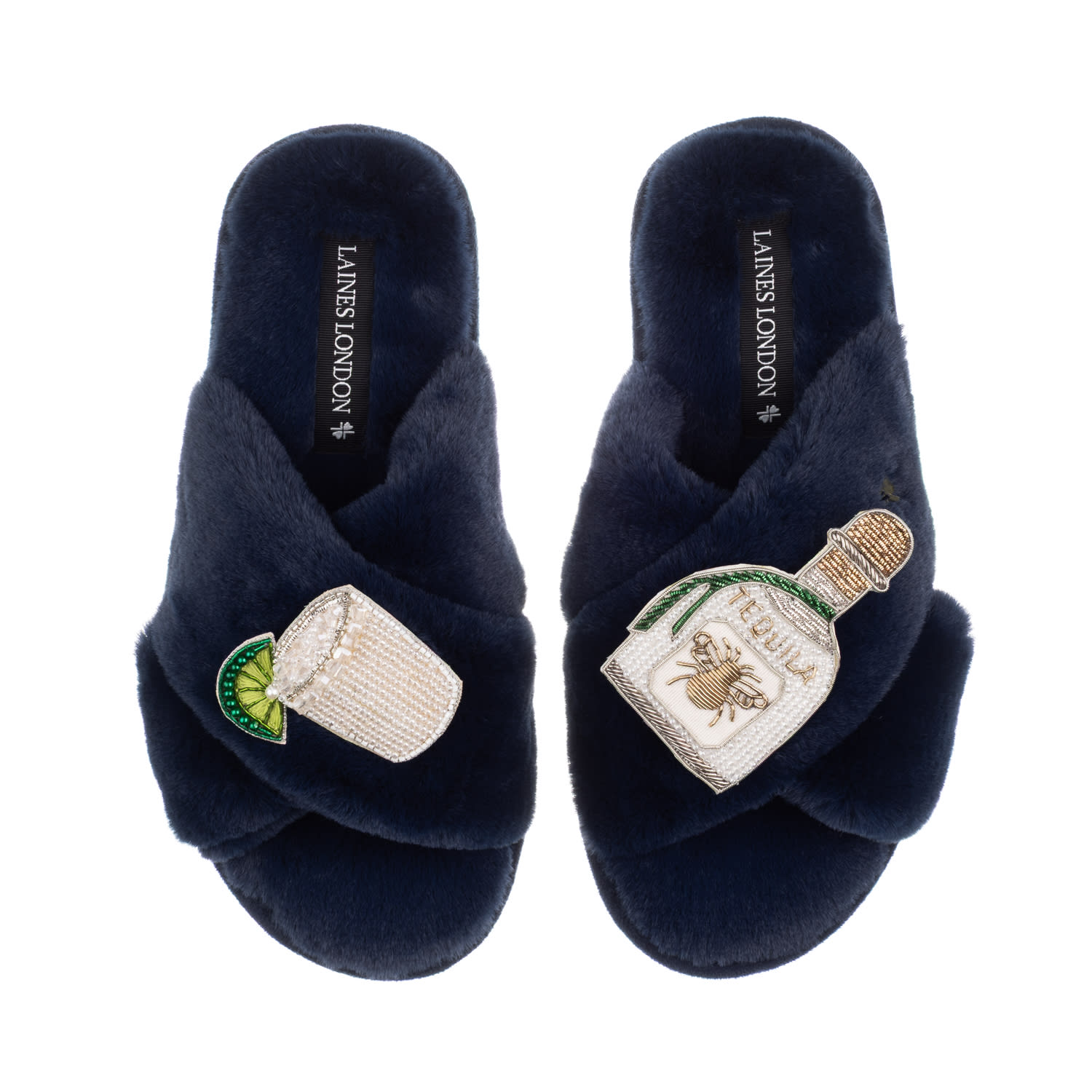 Laines London Women's Blue Classic Laines Slippers With Agave Tequila Brooches - Navy In Blue