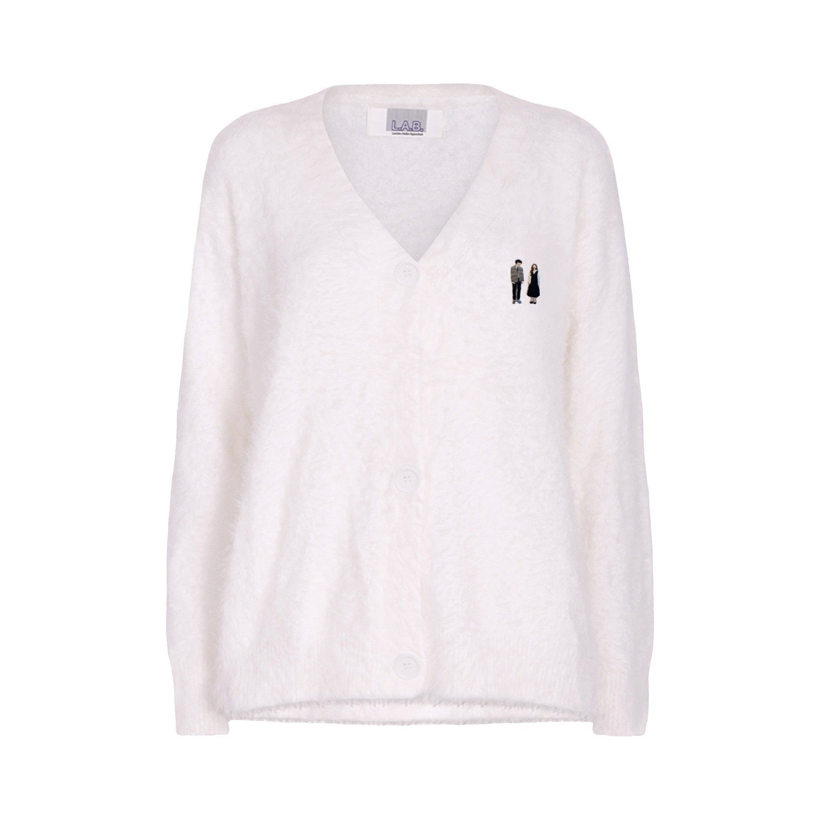 London Atelier Byproduct Women's Neutrals Beige Fuzzy Knit Cardigan With Embroidery Patchess In White