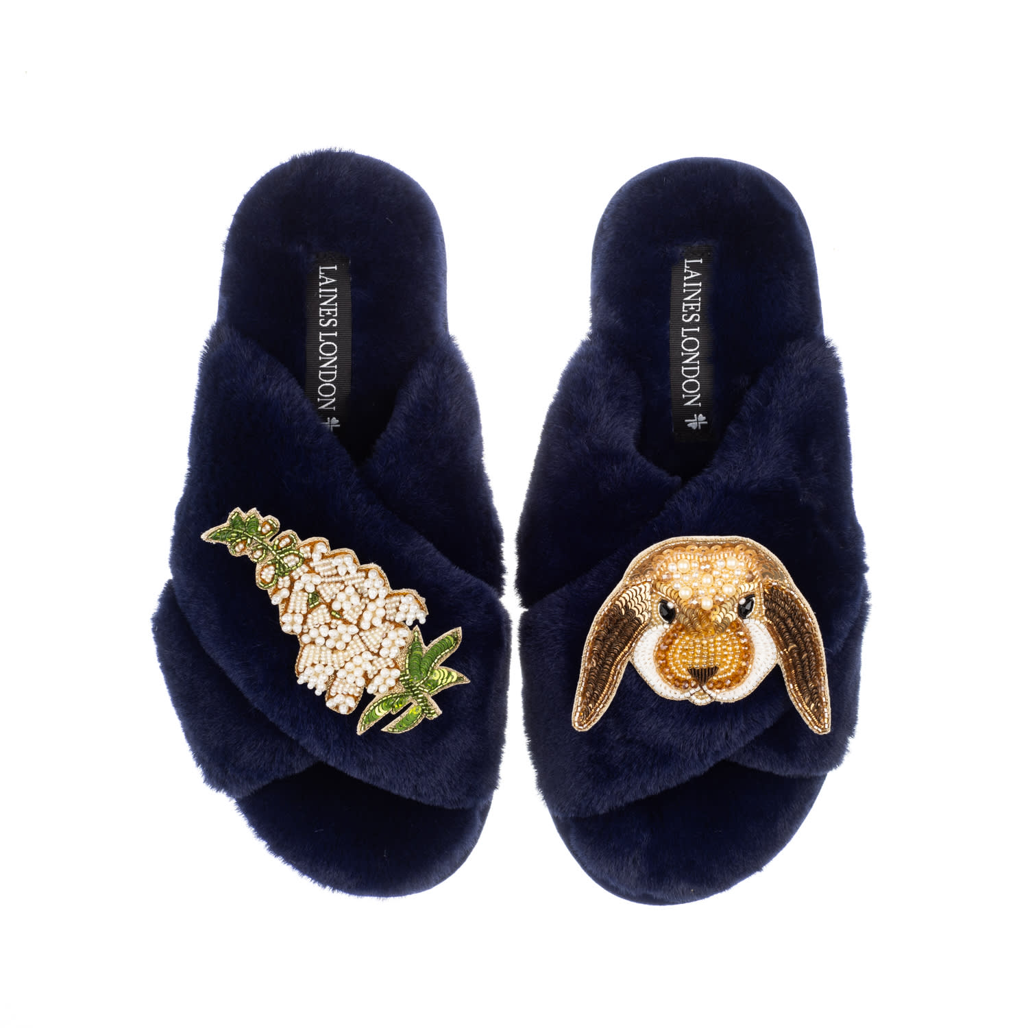 Laines London Women's Blue Classic Laines Slippers With Bunny & White Foxglove Flowers Brooches - Navy In Blue