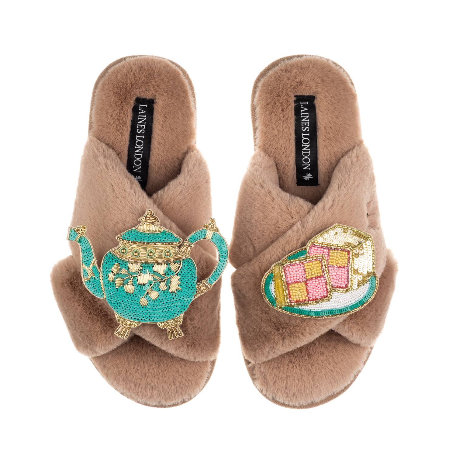 Laines London Women's Brown / Neutrals Laines X Juliet Slippers With Tea & Battenberg Cake Brooches - Toffee In Brown