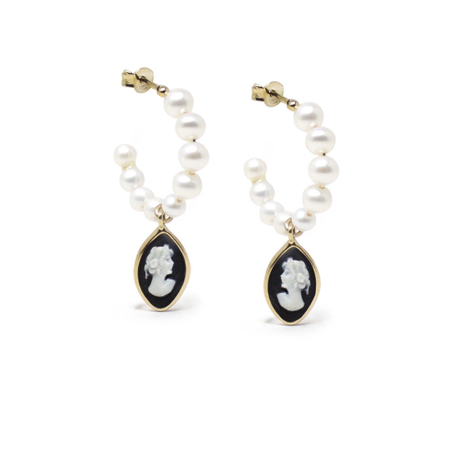 Vintouch Italy Women's Gold / Black April Gold-plated Pearl And Black Cameo Hoop Earrings In Multi
