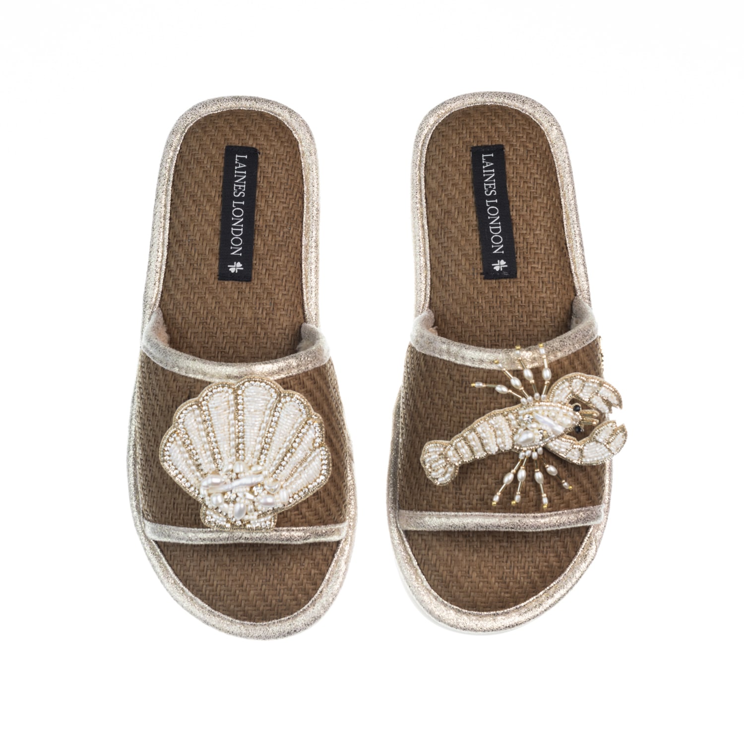 Women’s Brown Straw Braided Sandals With Beaded Shell & Lobster Brooches - Caramel Small Laines London