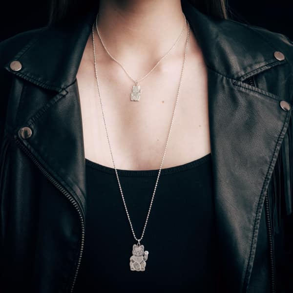 Cartergore Large Silver Lucky Cat  Pendant Necklace