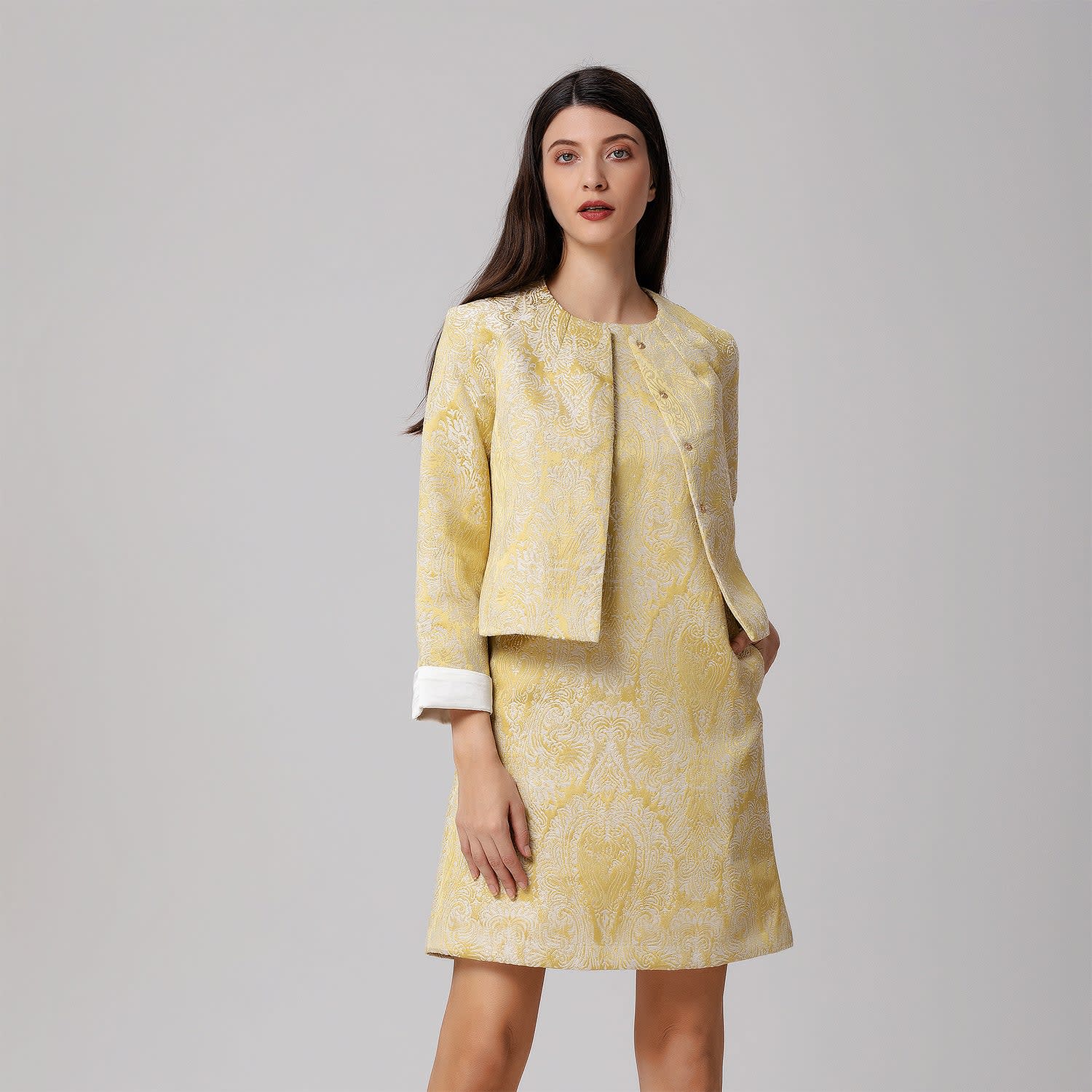 Brocade Minimalist Mini Dress Yellow Smart and Joy Wolf Badger