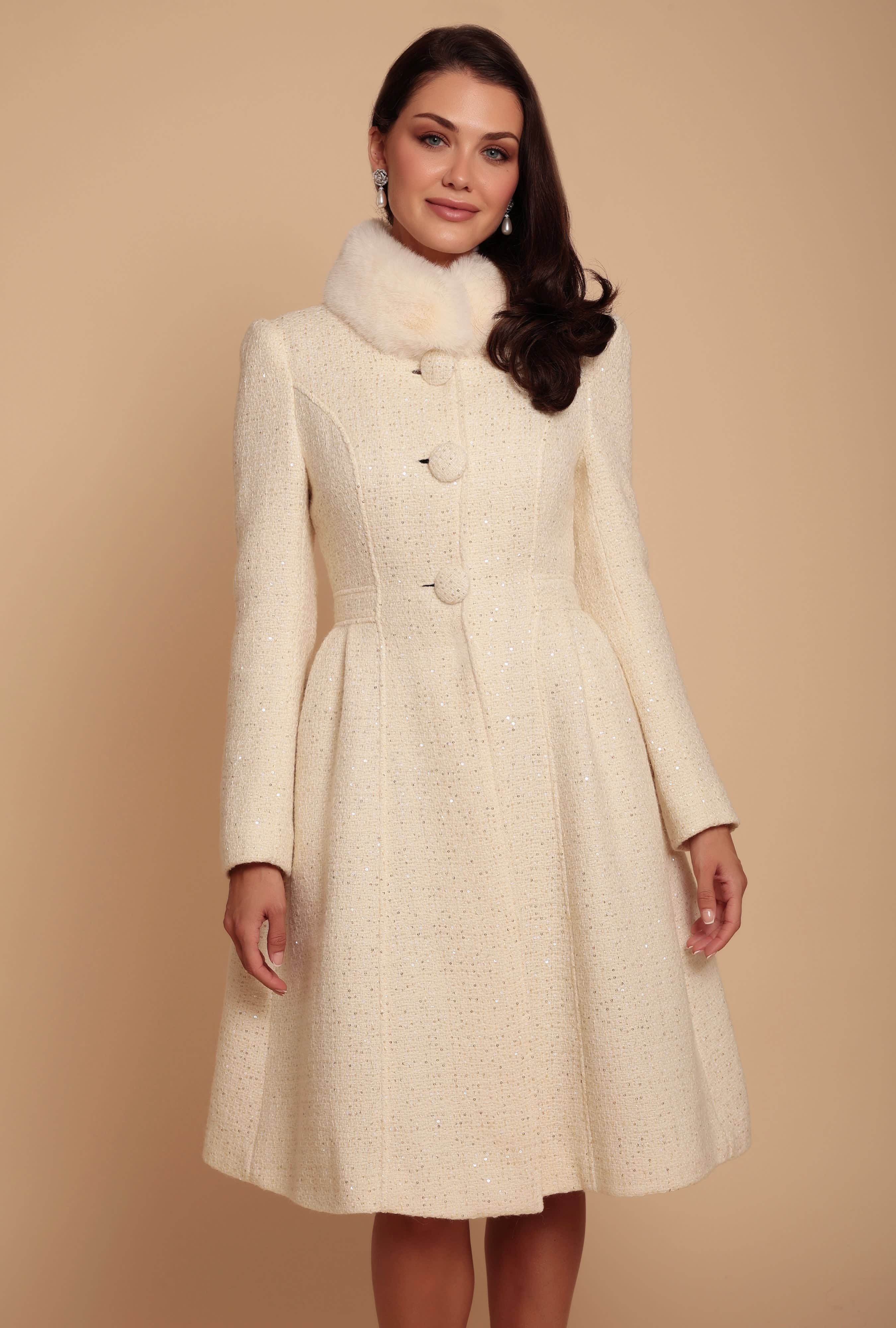 Starlet Wool Tweed Dress Coat With Faux Fur In Crema | Santinni