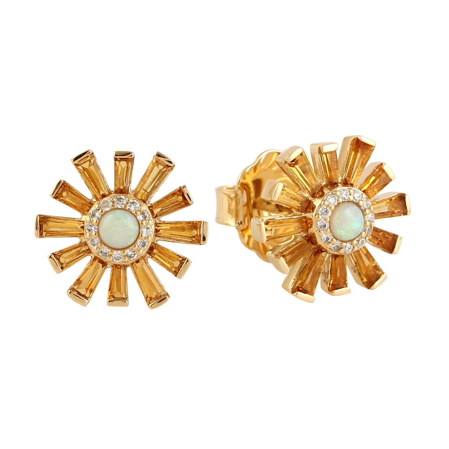 Artisan Women's Yellow / White Baguette Citrine & Ethiopian Opal Pave Diamond Stud Earrings In 18k Gold In Multi