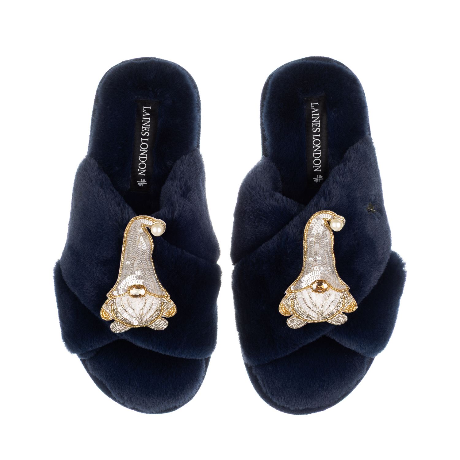 Laines London Women's Blue Classic Laines Christmas Collection Slippers With Double Silver Gonk Brooches - Navy In Blue