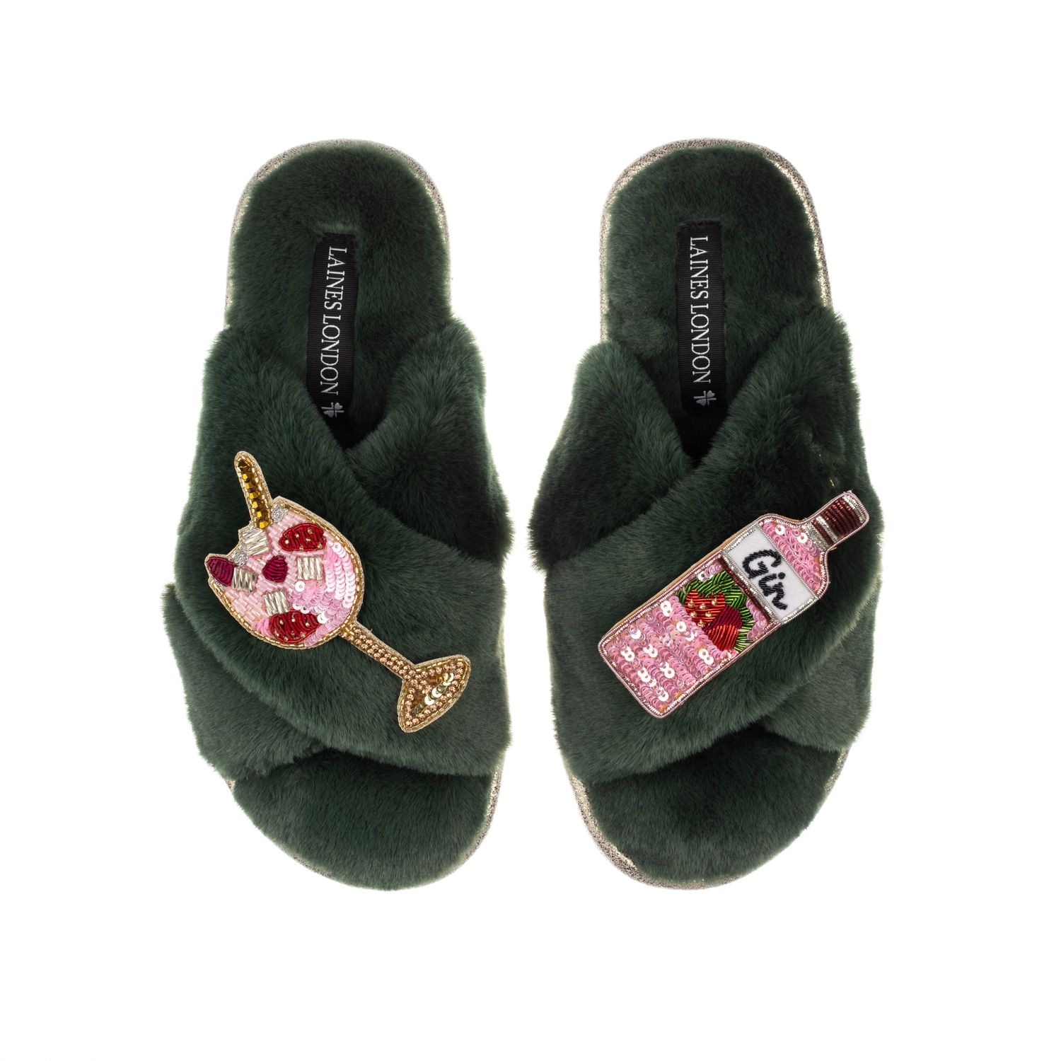 Laines London Women's Classic Laines Slippers With Pink Gin & Fruit Glass Brooches - Limited Edition Green In Green