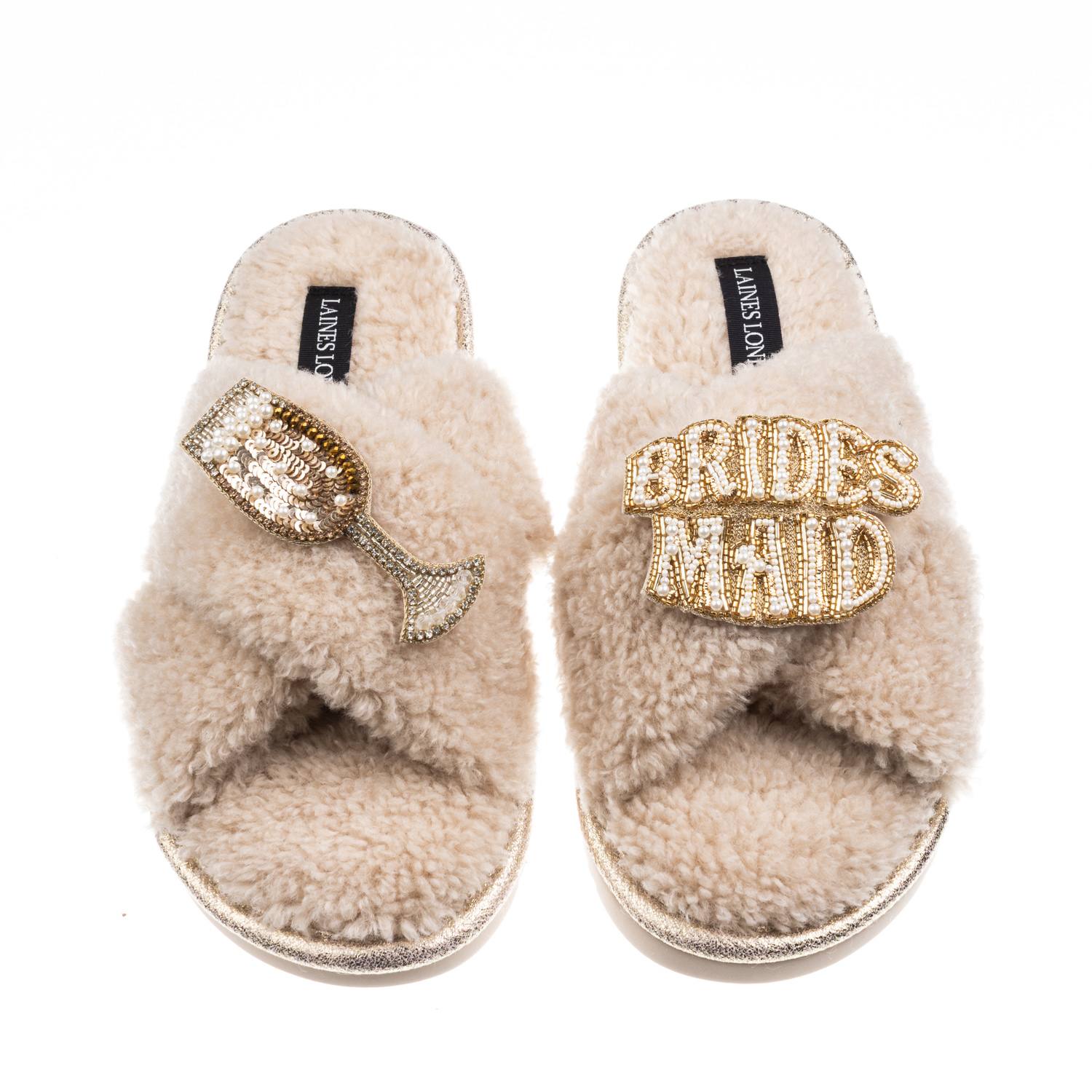 Laines London Women's Brown / Neutrals Laines Neutral Boucle Slippers With Bridesmaid Brooches - Oatmeal In Brown