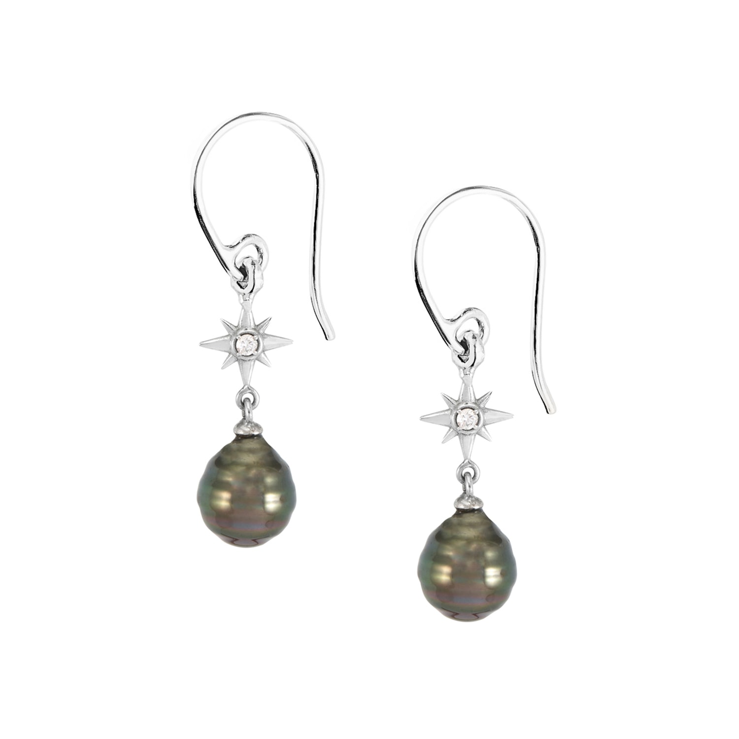 Women’s Fine White Gold & Diamond North Star Ear Drops With Tahitian Pearl Dower & Hall