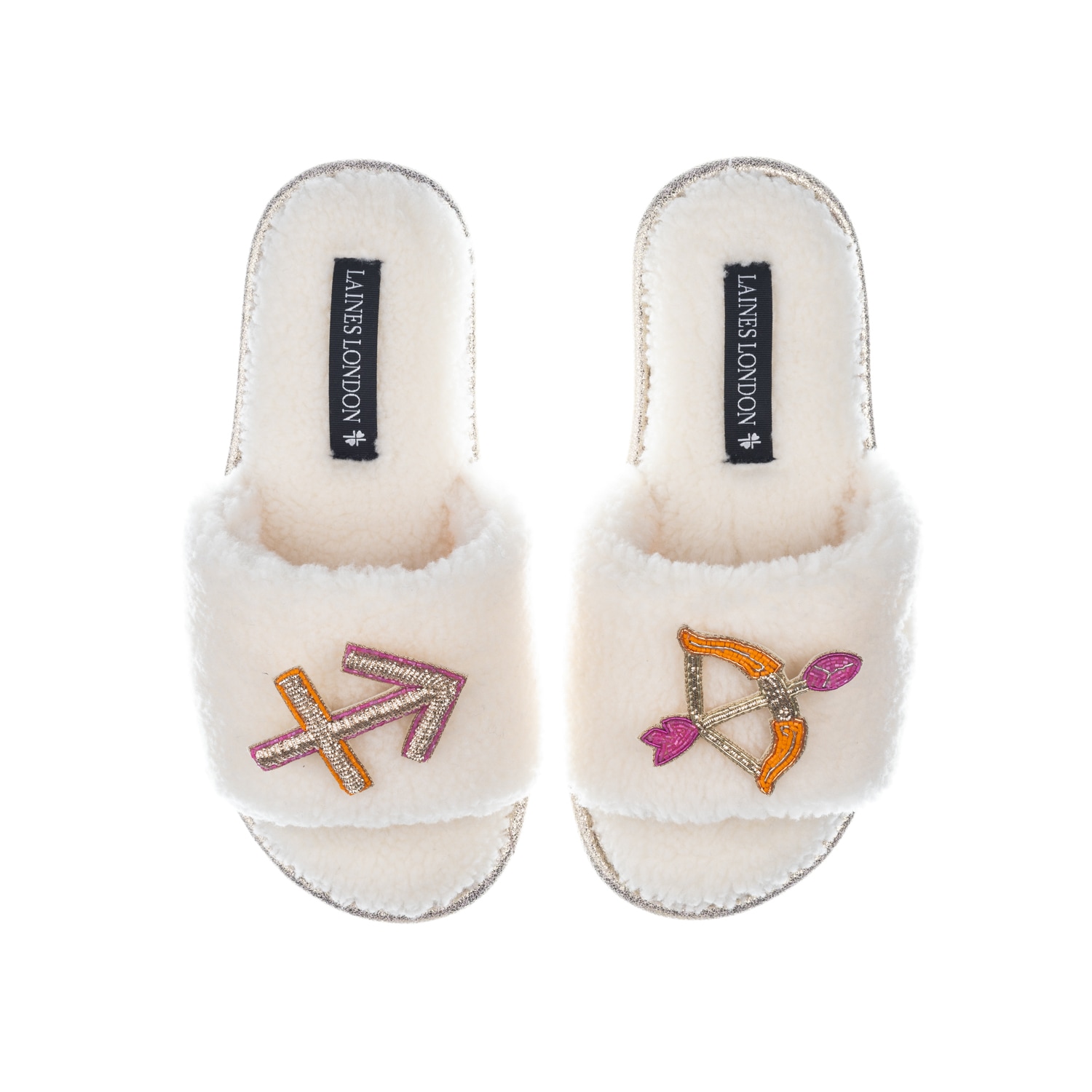 Laines London Women's White Teddy Towelling Slipper Sliders With Sagittarius Zodiac Brooches - Cream In White