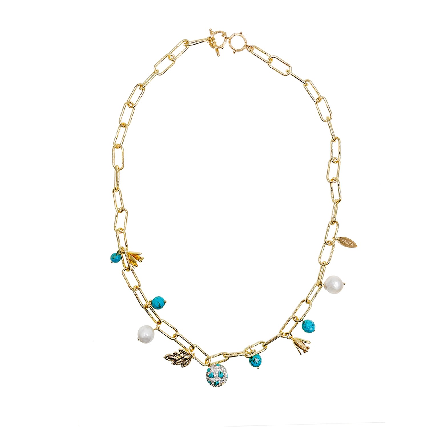 Farra Women's Blue / White Gold Chain With Turquoise And Pearls Necklace