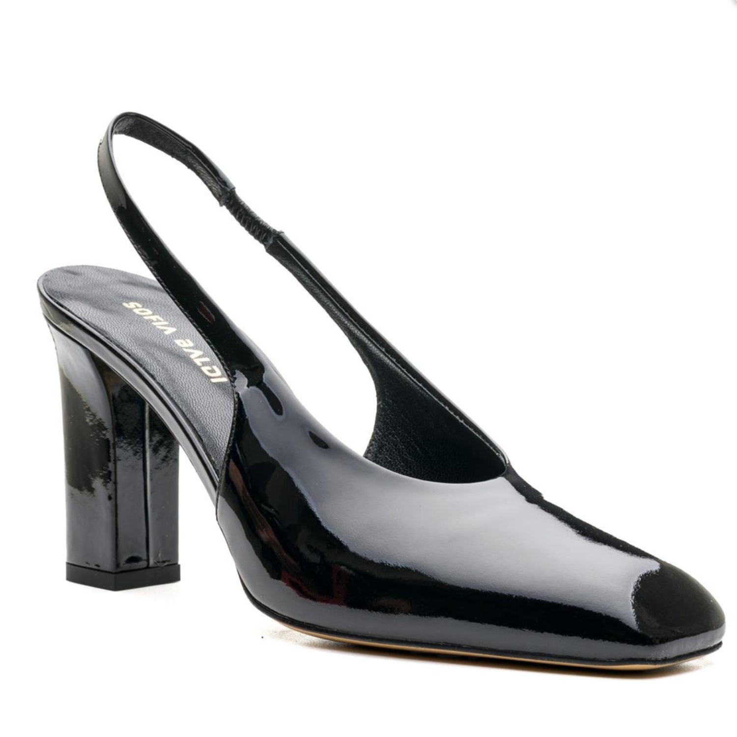 Leathere Women's Black Patent Leather Slingback Block Heel Pumps - Classic Office Heels - Black - Camden In Black