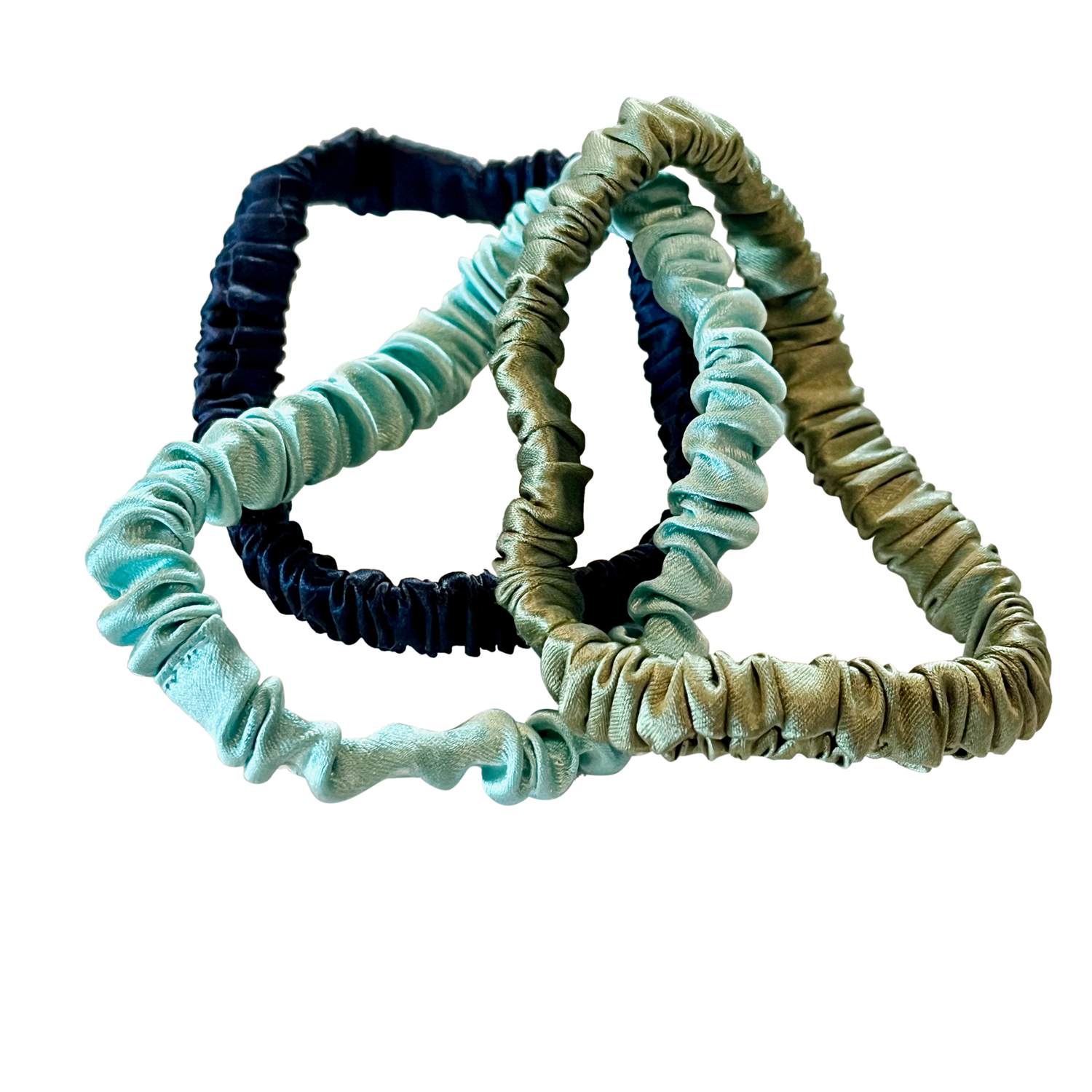 Women's Green Set Of Three Pure Mulberry Silk Skinny Scrunchies Weekly Special Hair Ties Prairie Trails | One Size | Soft Strokes Silk