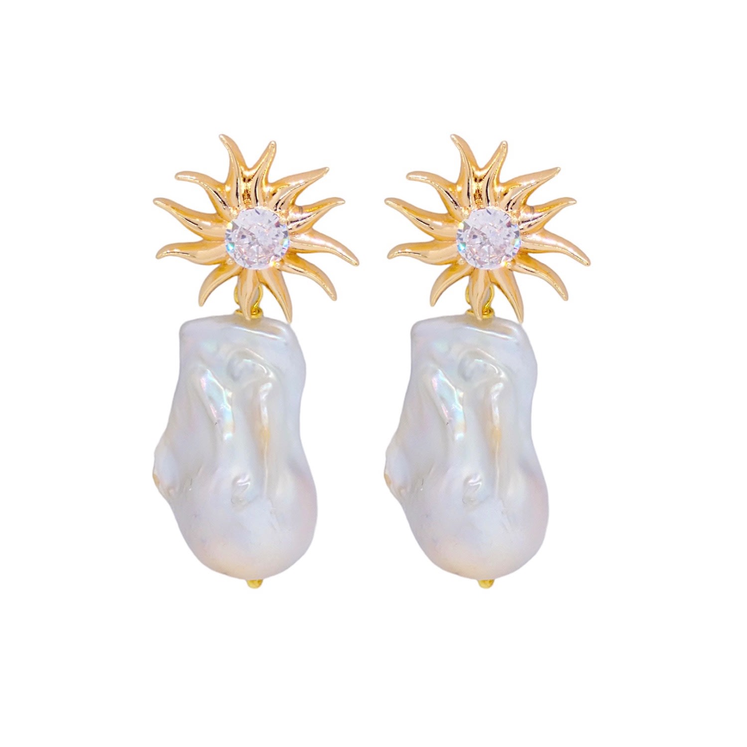 Women’s Gold / White Crystal Sun Fireball Baroque Pearl Earrings Valerie Chic