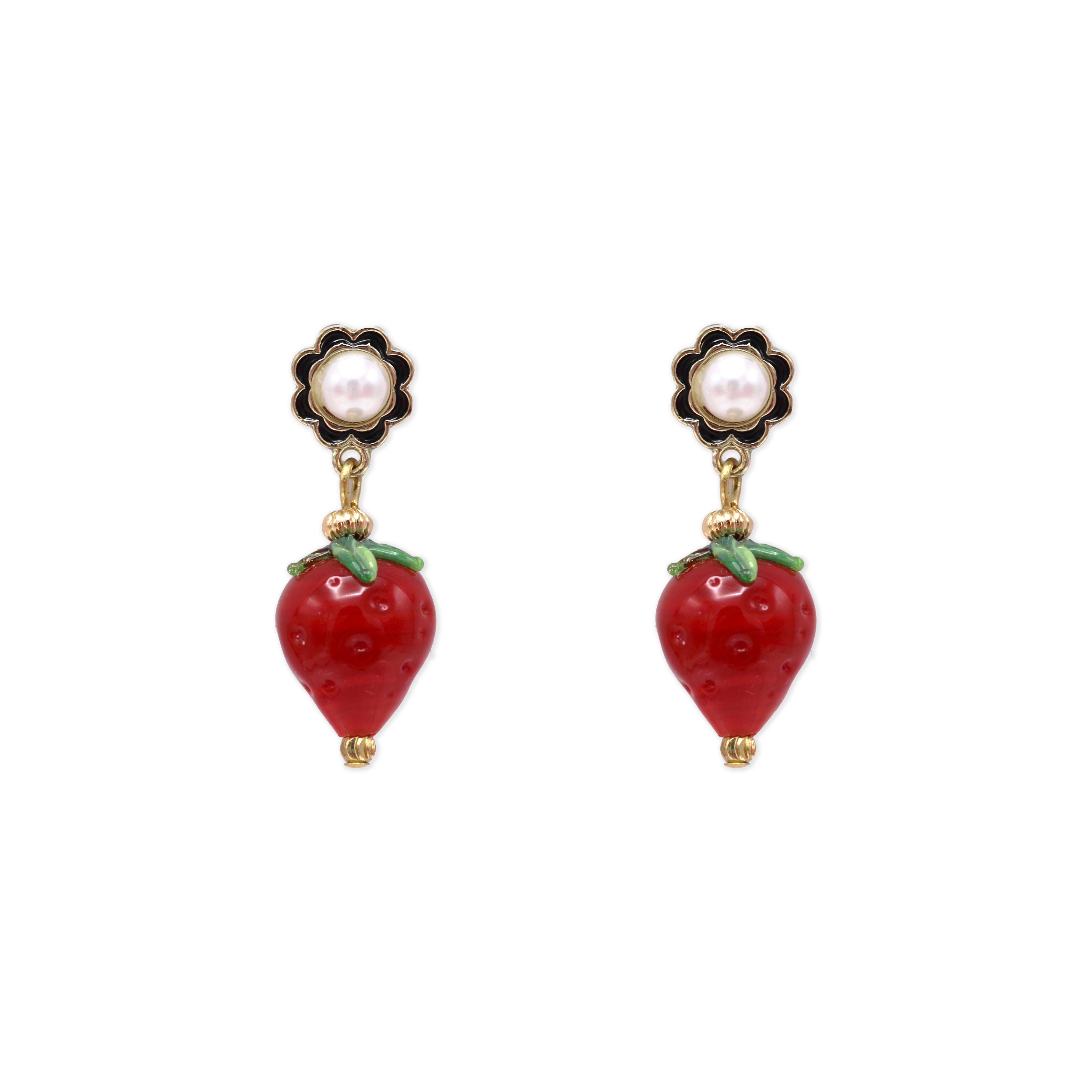 Midnight Foxes Studio Women's Gold / Red Strawberry Flower Gold Earrings